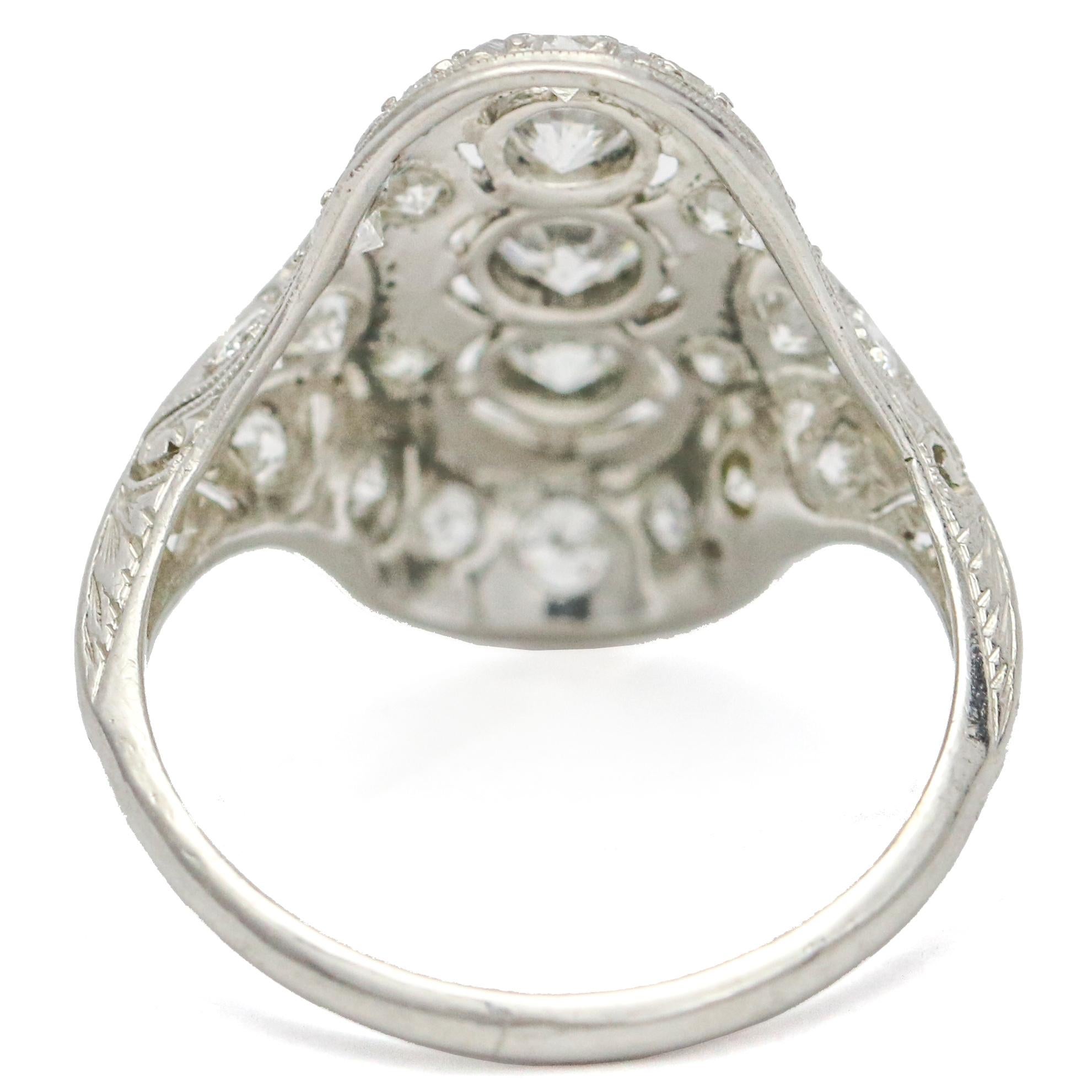 Women's 1.75 Carat Art Deco Diamond Platinum Filigree Dinner Ring For Sale