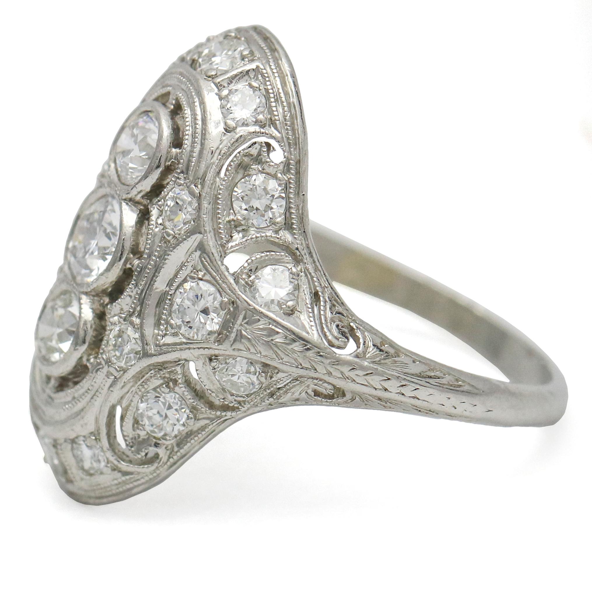 1.75 Carat Art Deco Diamond Platinum Filigree Dinner Ring For Sale 1