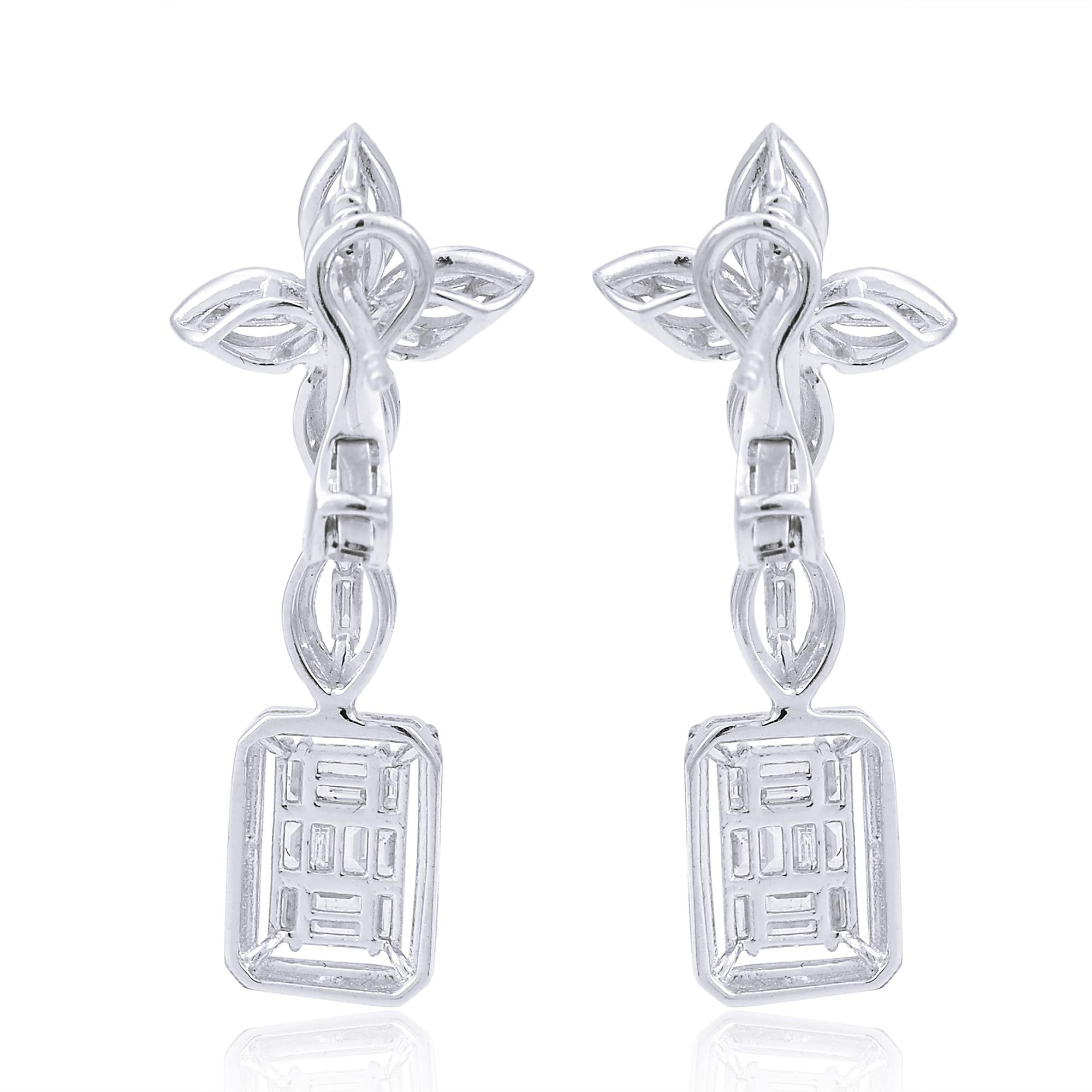 Modern 1.75 Carat Baguette Diamond Flower Dangle Earrings 18 Karat White Gold Jewelry For Sale