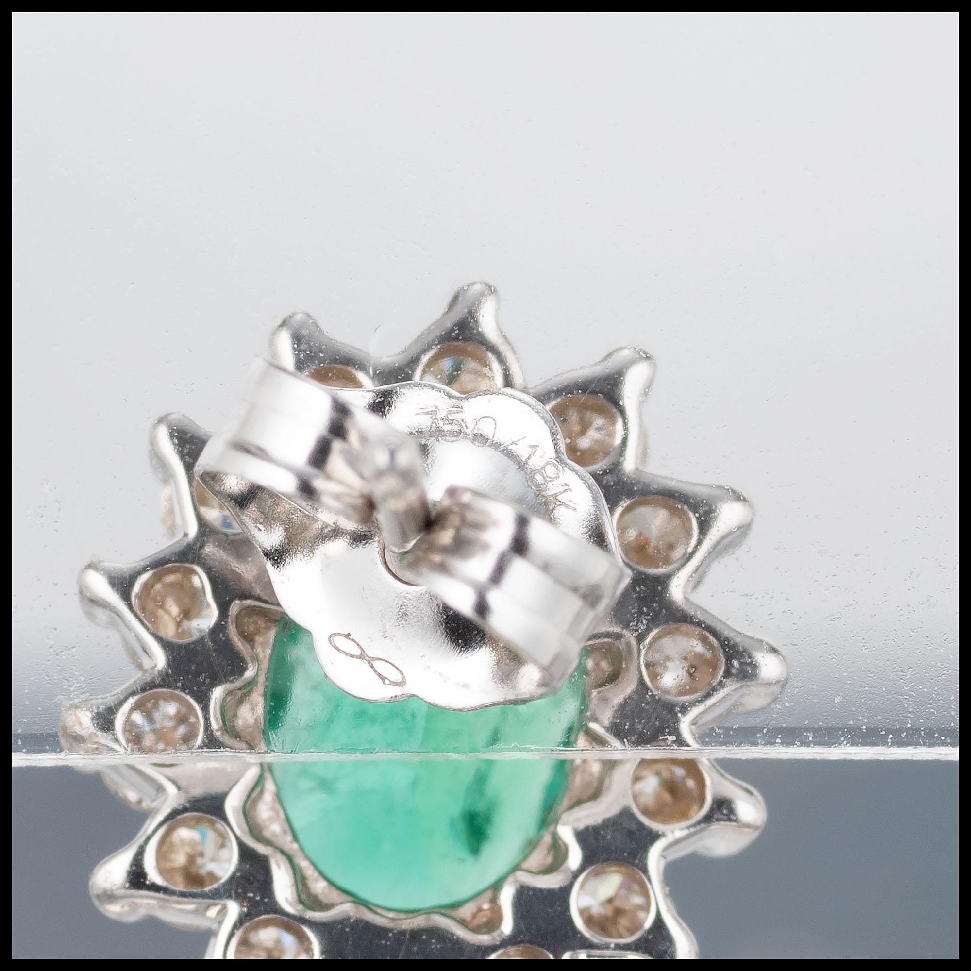Oval Cut 1.75 Carat Bright Green Oval Emerald Diamond Halo Earrings For Sale