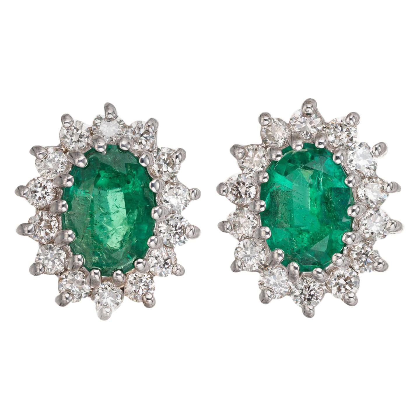 1.75 Carat Bright Green Oval Emerald Diamond Halo Earrings