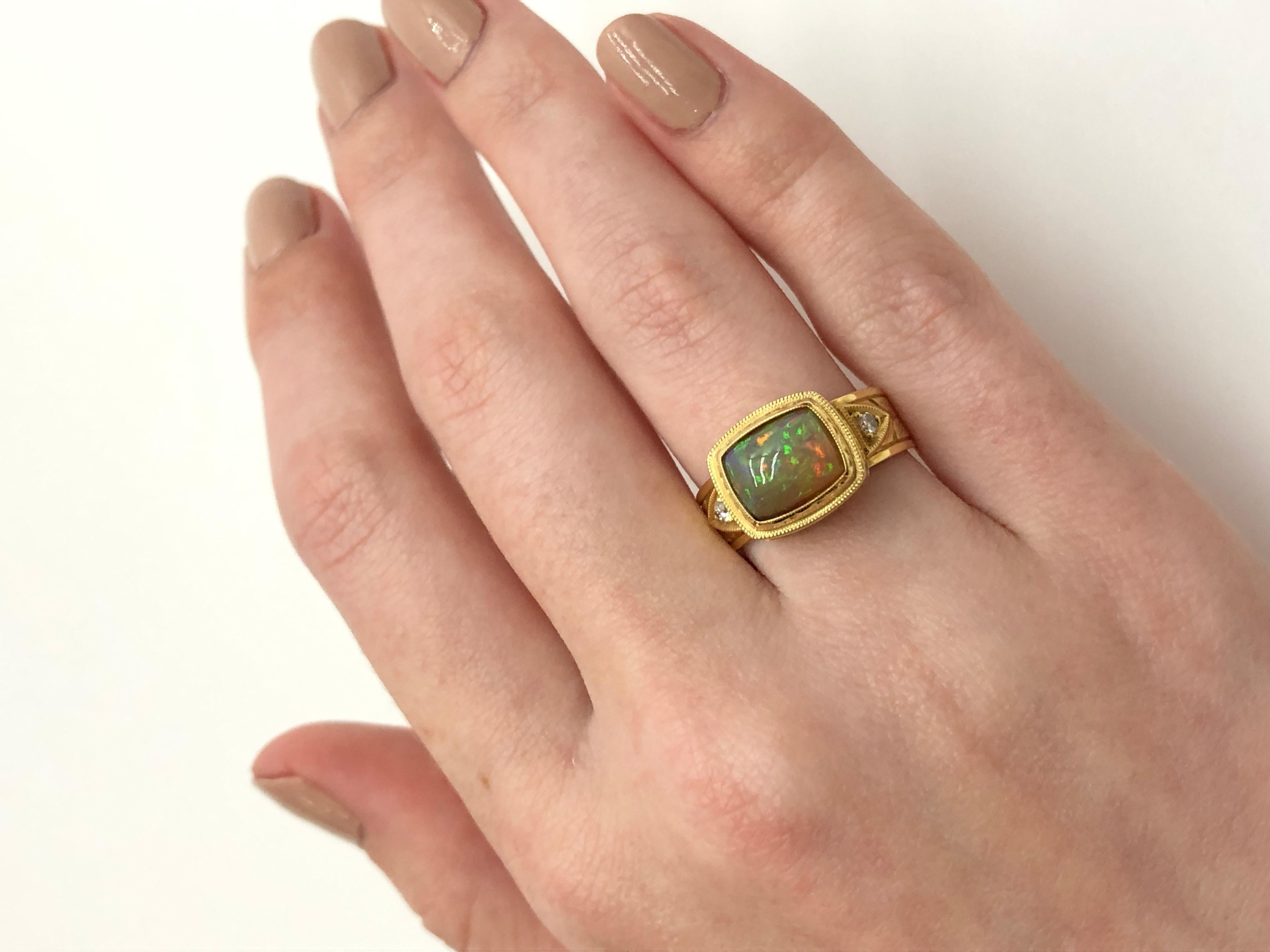 Opal Cushion and Diamond Hand-Engraved Band Ring in 18k Yellow Gold  For Sale 2