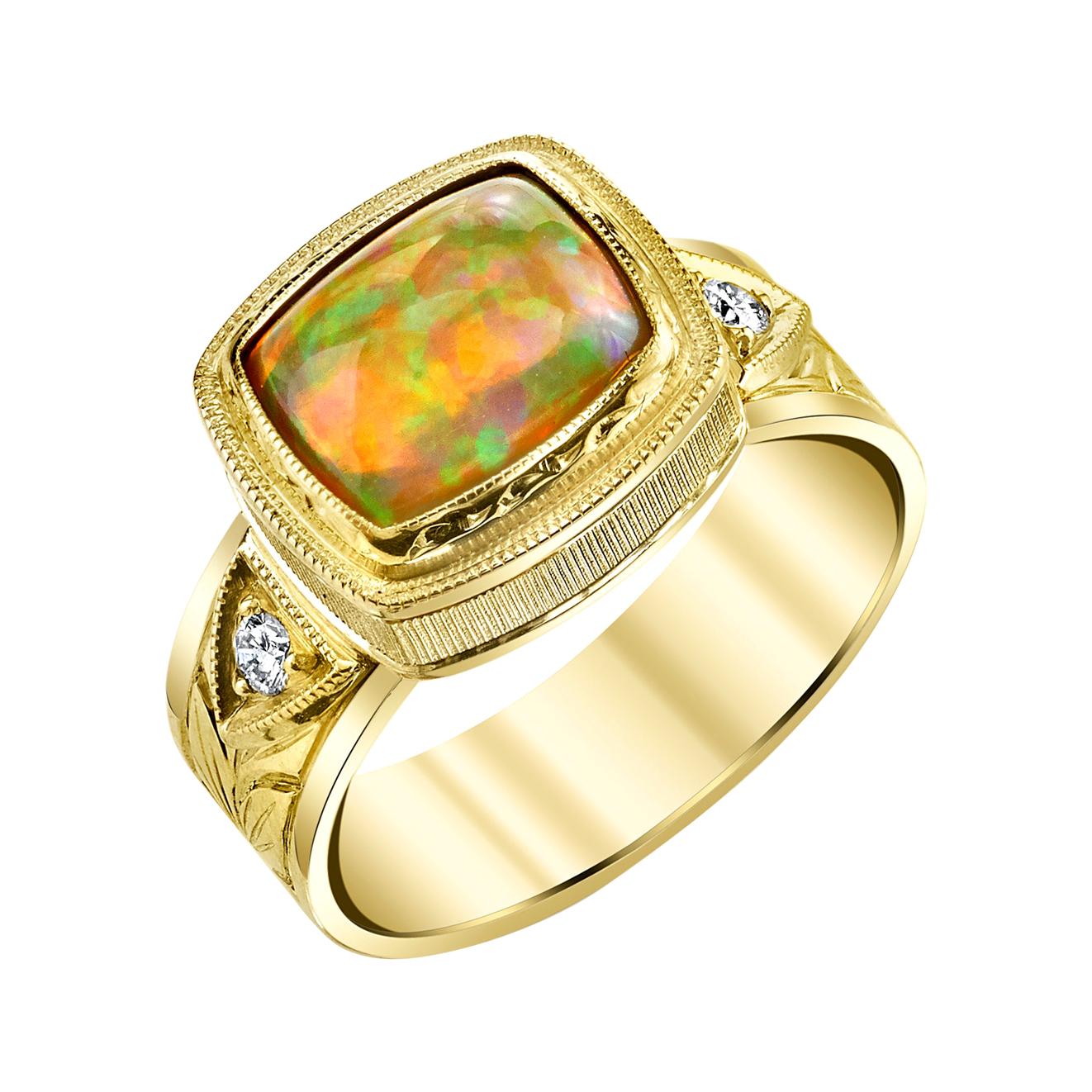 Opal Cushion and Diamond Hand-Engraved Band Ring in 18k Yellow Gold 