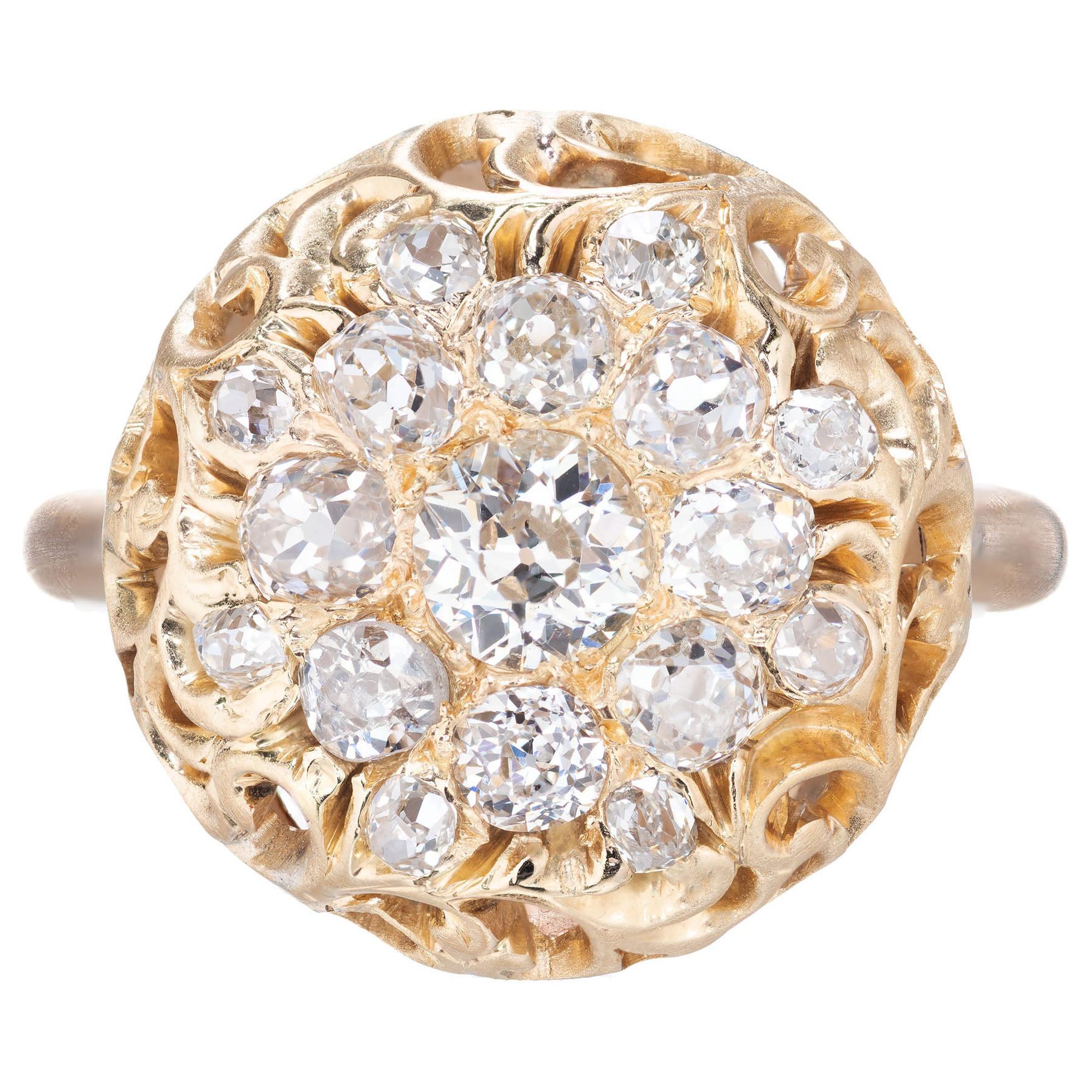 1.75 Carat Diamond Open Work Dome Gold Cocktail Cluster Ring For Sale