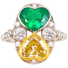 1.75 Carat Fancy Yellow Diamond and Emerald Hearts Platinum Ring