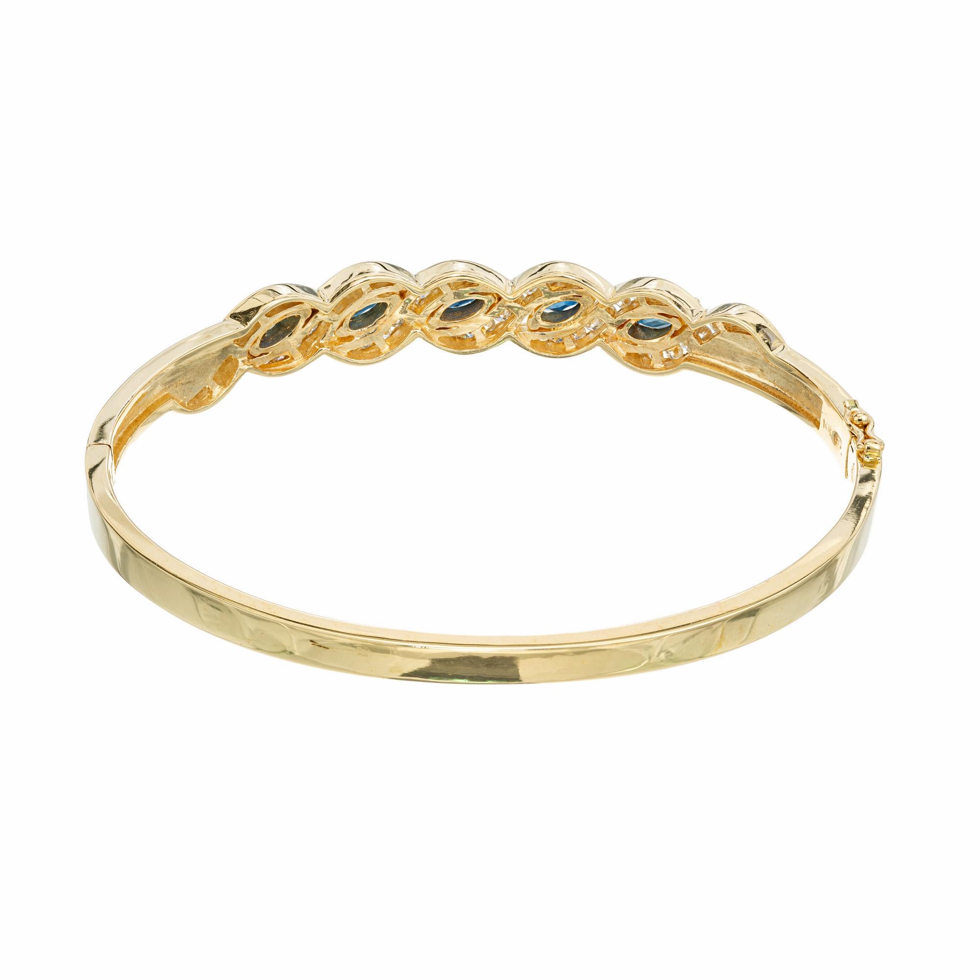 1.75 Carat Marquise Sapphire Round Diamond Swirl Yellow Gold Bangle Bracelet In Good Condition For Sale In Stamford, CT