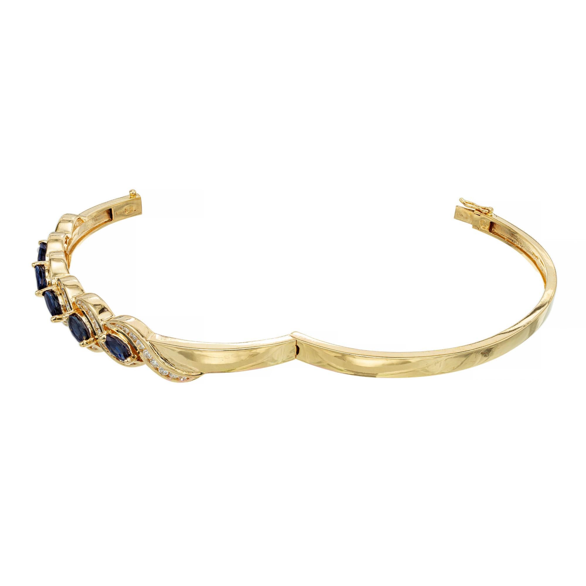 Women's 1.75 Carat Marquise Sapphire Round Diamond Swirl Yellow Gold Bangle Bracelet For Sale