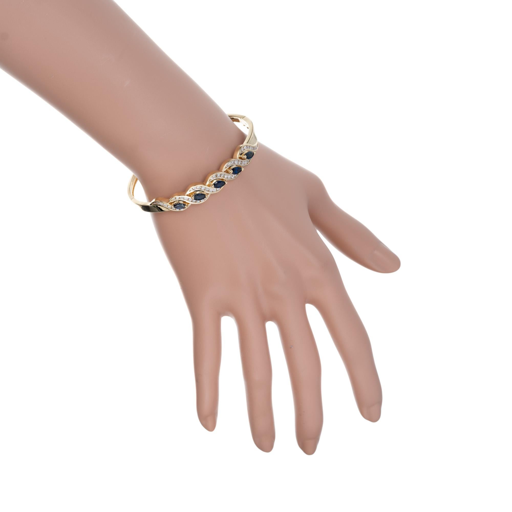 1.75 Carat Marquise Sapphire Round Diamond Swirl Yellow Gold Bangle Bracelet For Sale 2