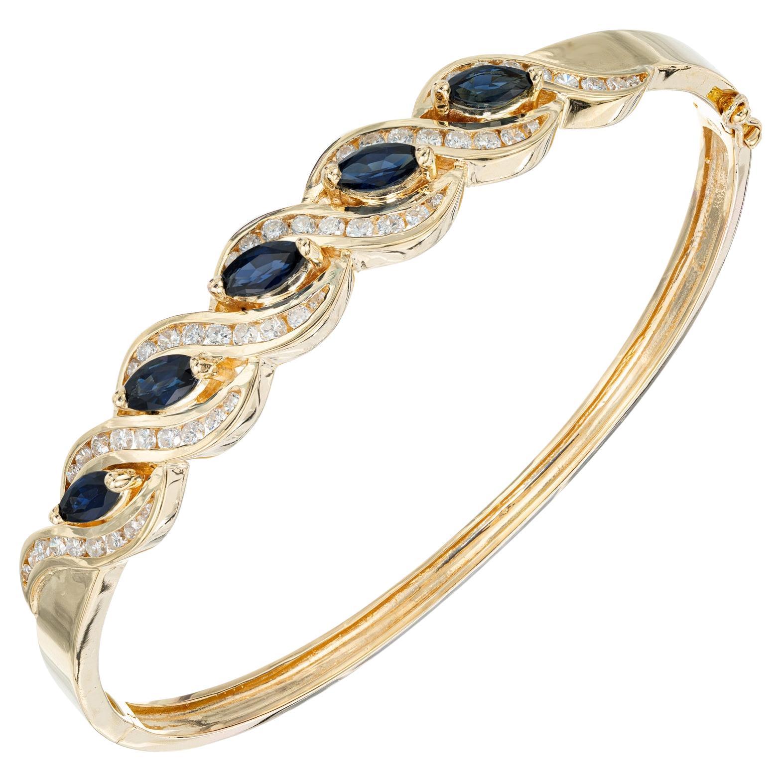 1.75 Carat Marquise Sapphire Round Diamond Swirl Yellow Gold Bangle Bracelet For Sale