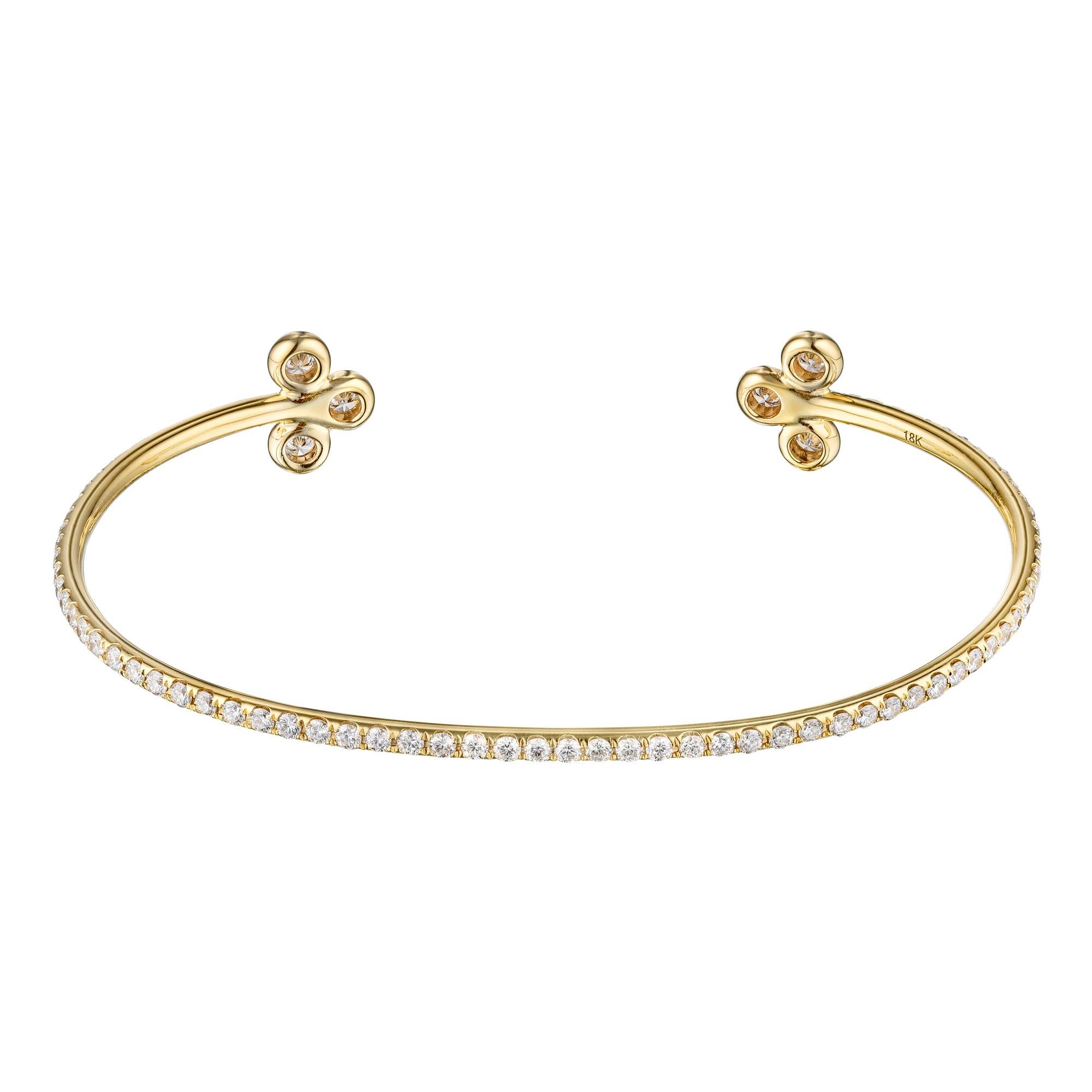 Diamond open bangle bracelet in 18K yellow gold. Pave set brilliant round diamonds are F-G VS1-VS2. Carat weight: 1.75 ct. Total weight: 6.20 grams. Proudly crafted by SIMON ARDEM artisans in New York City. 