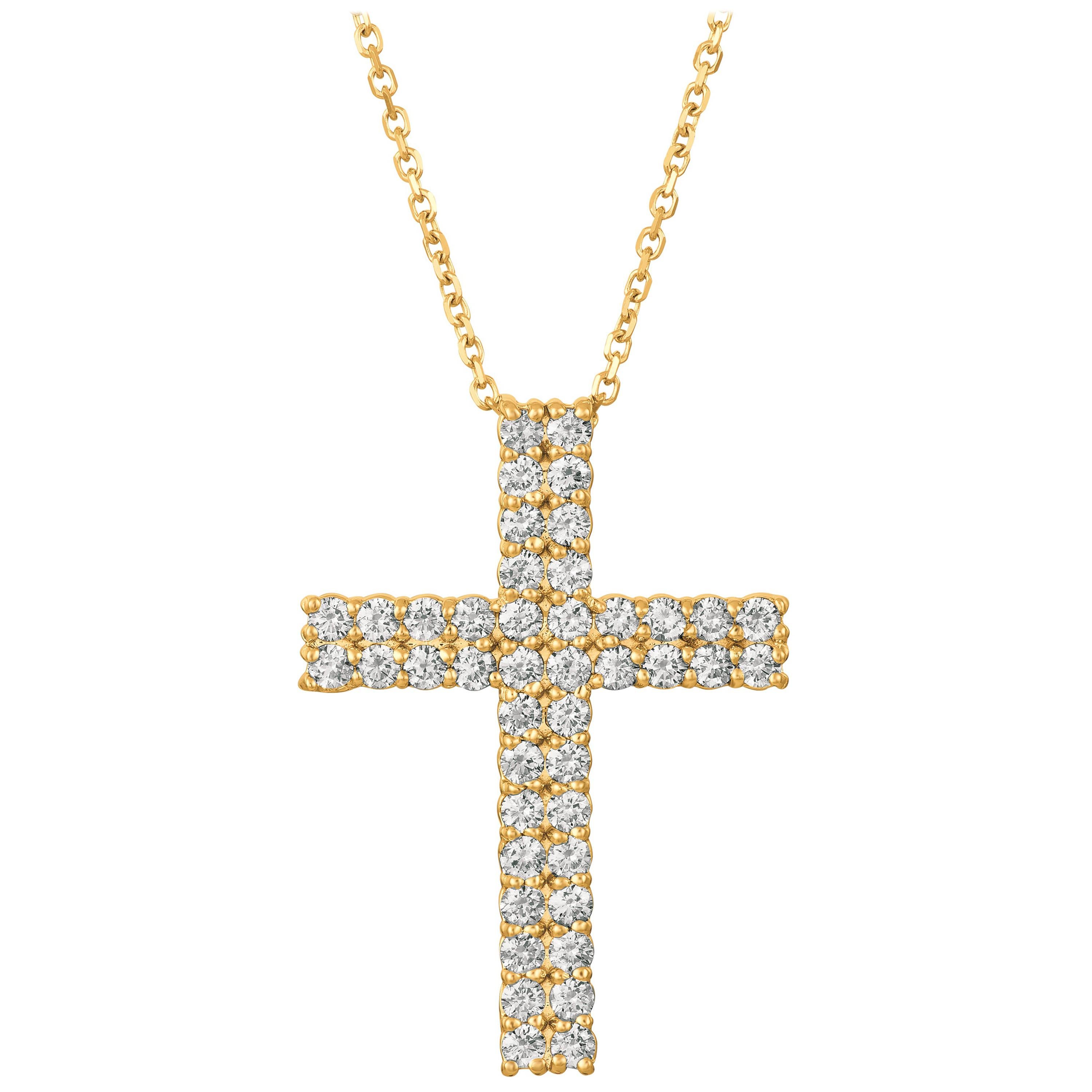1.75 Carat Natural Diamond Cross Pendant Necklace 14 Karat Gold G SI Chain For Sale