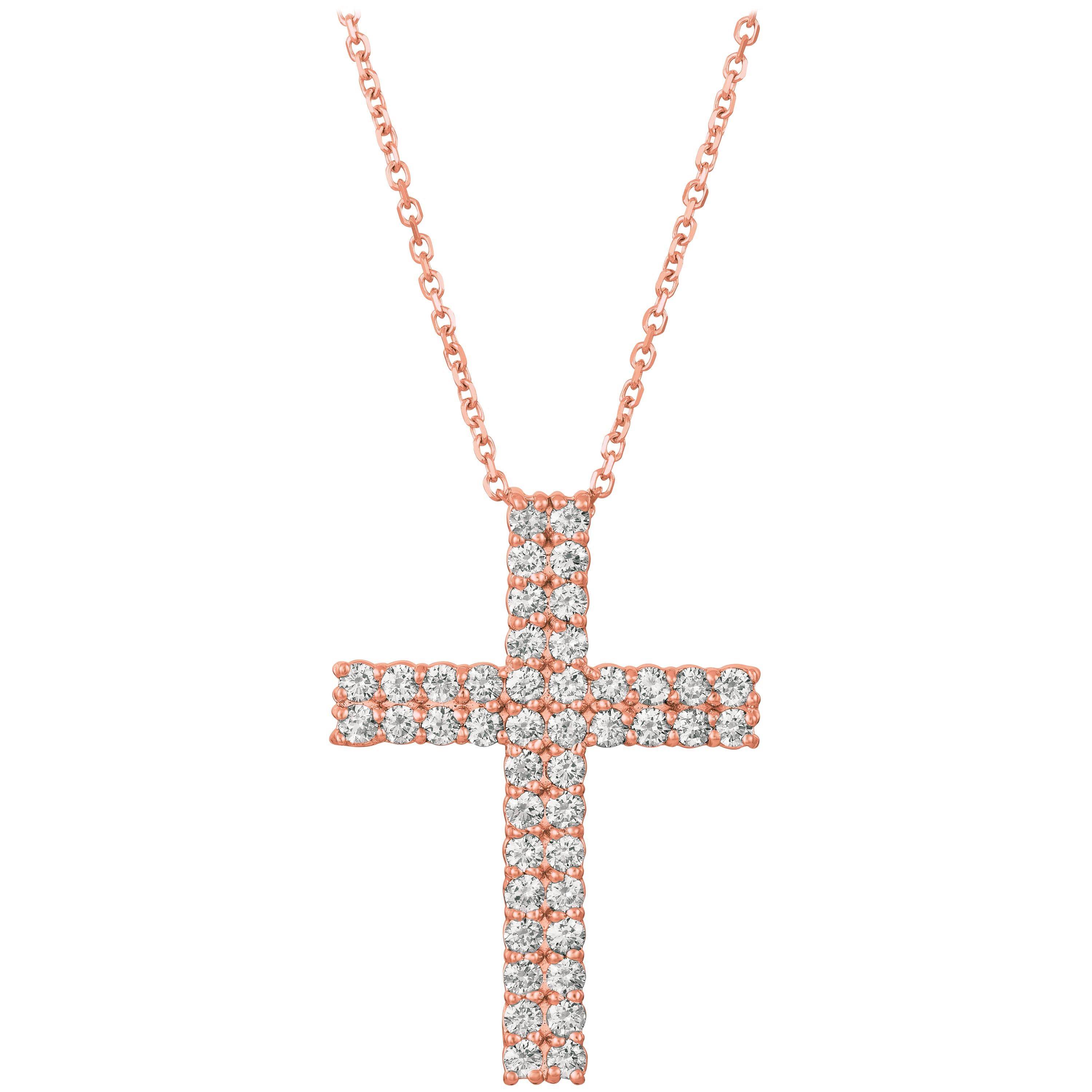 1.75 Carat Natural Diamond Cross Pendant Necklace 14 Karat Rose Gold G SI Chain