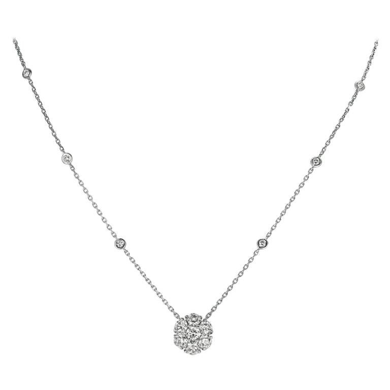 1.75 Carat Natural Diamond Flower & Bezel Pendant 14 Karat White Gold G SI Chain