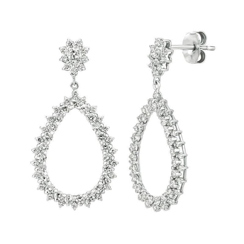 Round Cut 1.75 Carat Natural Diamond Pear Shape Drop Earrings G SI 14k White Gold For Sale