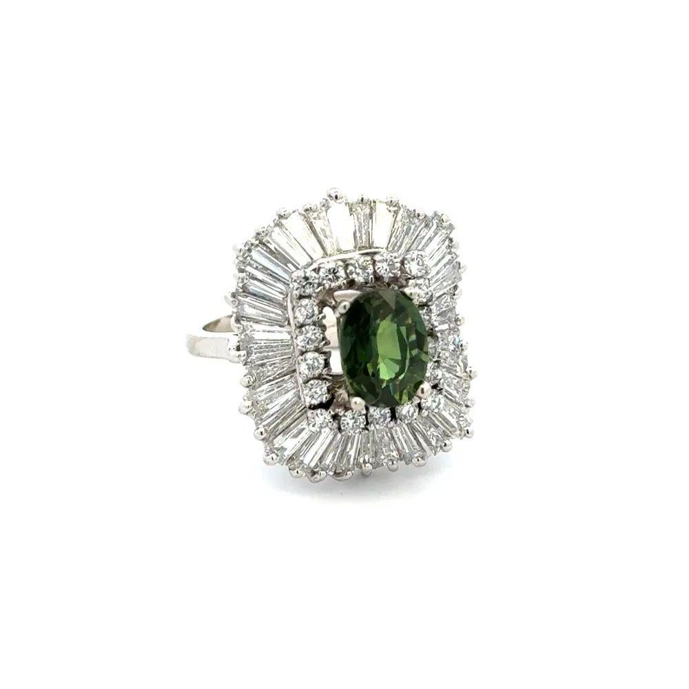 Simply Beautiful! NO HEAT GIA Green Sapphire and Diamond Solitaire Gold Statement Vintage Cocktail Ring. Centering a securely nestled Hand set 1.75 Carat Oval NO HEAT GIA Green Sapphire. Surrounded by Diamonds, weighing approx. 2.80tcw. Wow!