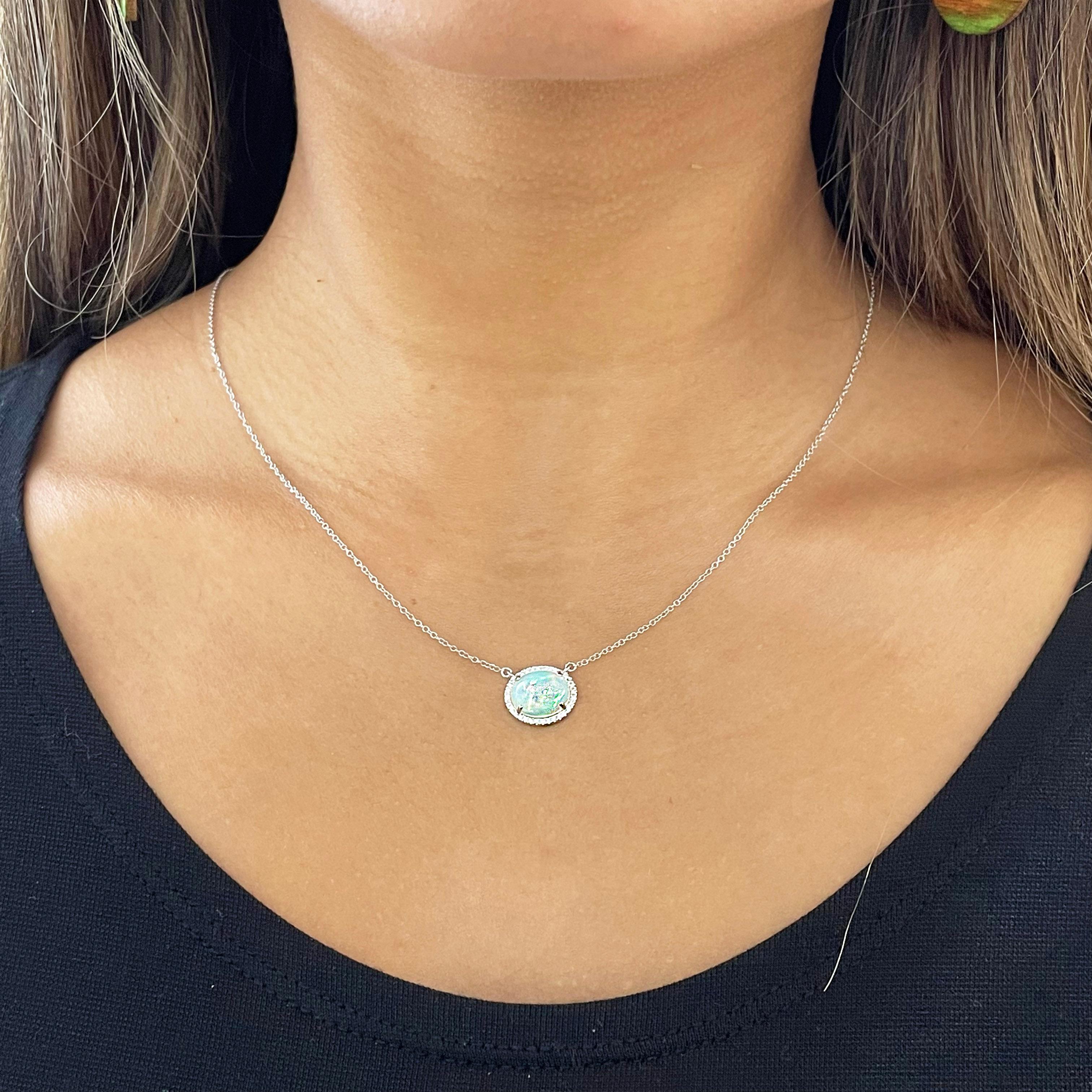 Oval Cut 1.75 Carat Opal & Diamond Halo Pendant Necklace 14 Karat White Gold Genuine Opal For Sale