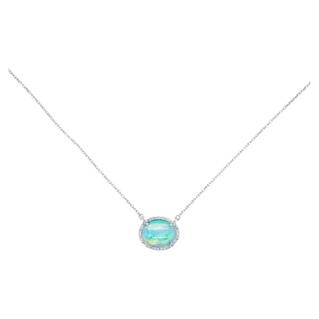 1.75 Carat Opal & Diamond Halo Pendant Necklace 14 Karat White Gold Genuine Opal For Sale