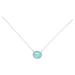 1.75 Carat Opal & Diamond Halo Pendant Necklace 14 Karat White Gold Genuine Opal