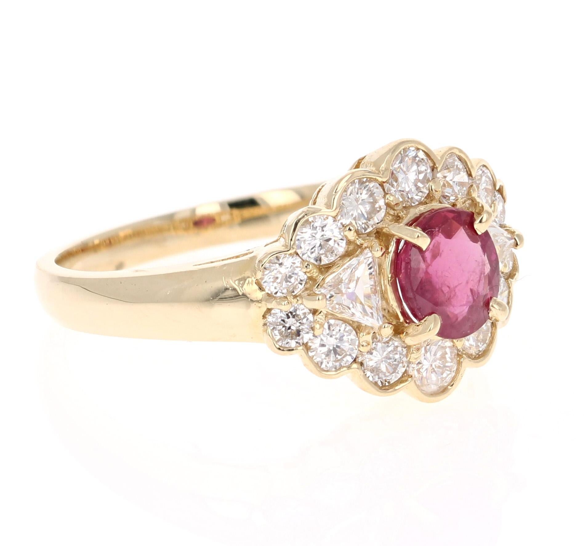 Daily, Dazzling and Unique Stunner! 

This ring has an Oval Cut Burmese Ruby that weighs 0.85 Carats and 14 Round Cut Diamonds that weigh 0.75 carats and 2 Trillion Cut Diamonds that weigh 0.15 carats with a clarity and color of SI2-F.  The total