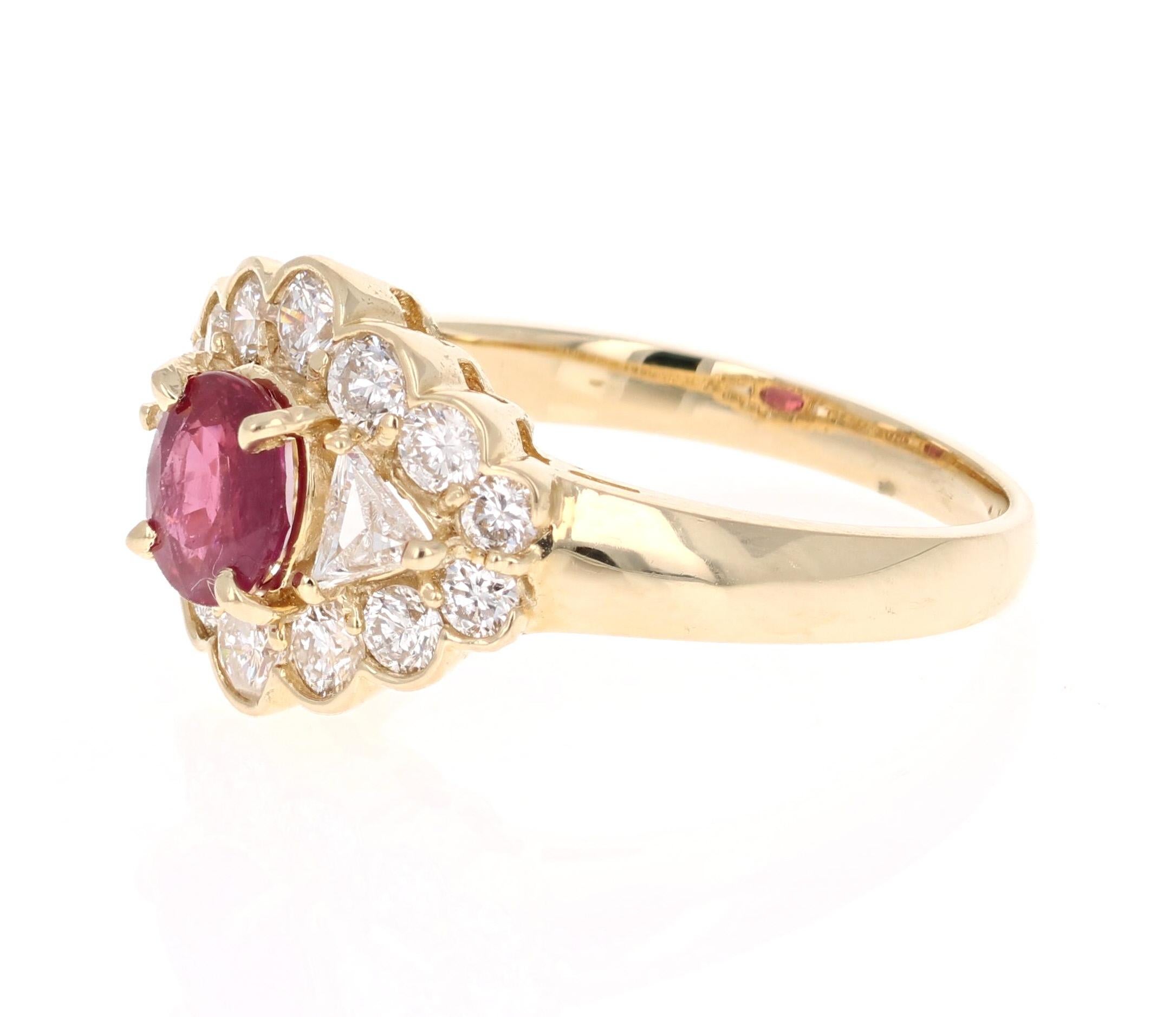 Contemporary 1.75 Carat Oval Cut Burmese Ruby Diamond 14 Karat Yellow Gold Cluster Ring For Sale
