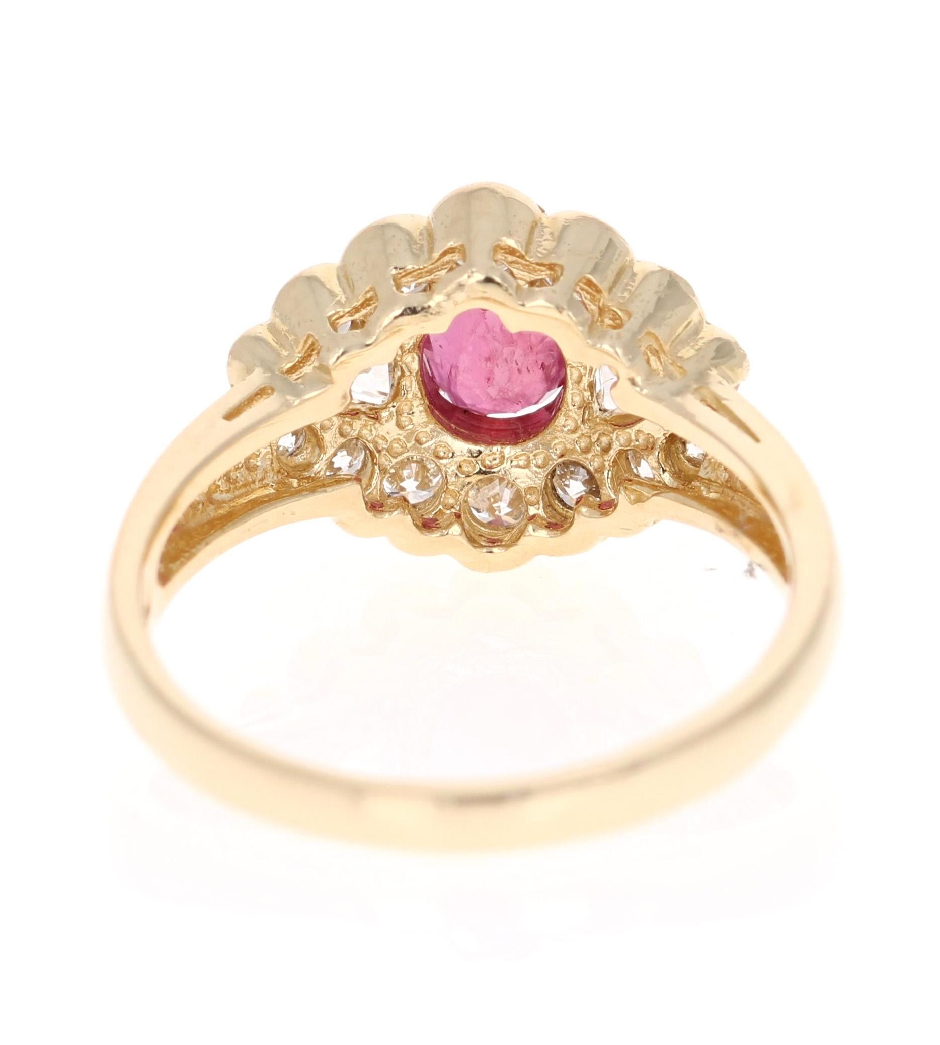 1.75 Carat Oval Cut Burmese Ruby Diamond 14 Karat Yellow Gold Cluster Ring In New Condition For Sale In Los Angeles, CA