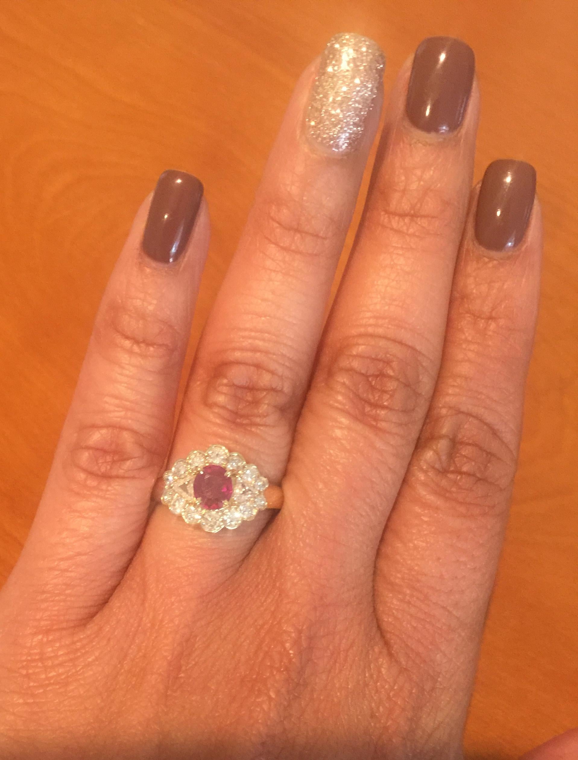 Women's 1.75 Carat Oval Cut Burmese Ruby Diamond 14 Karat Yellow Gold Cluster Ring For Sale
