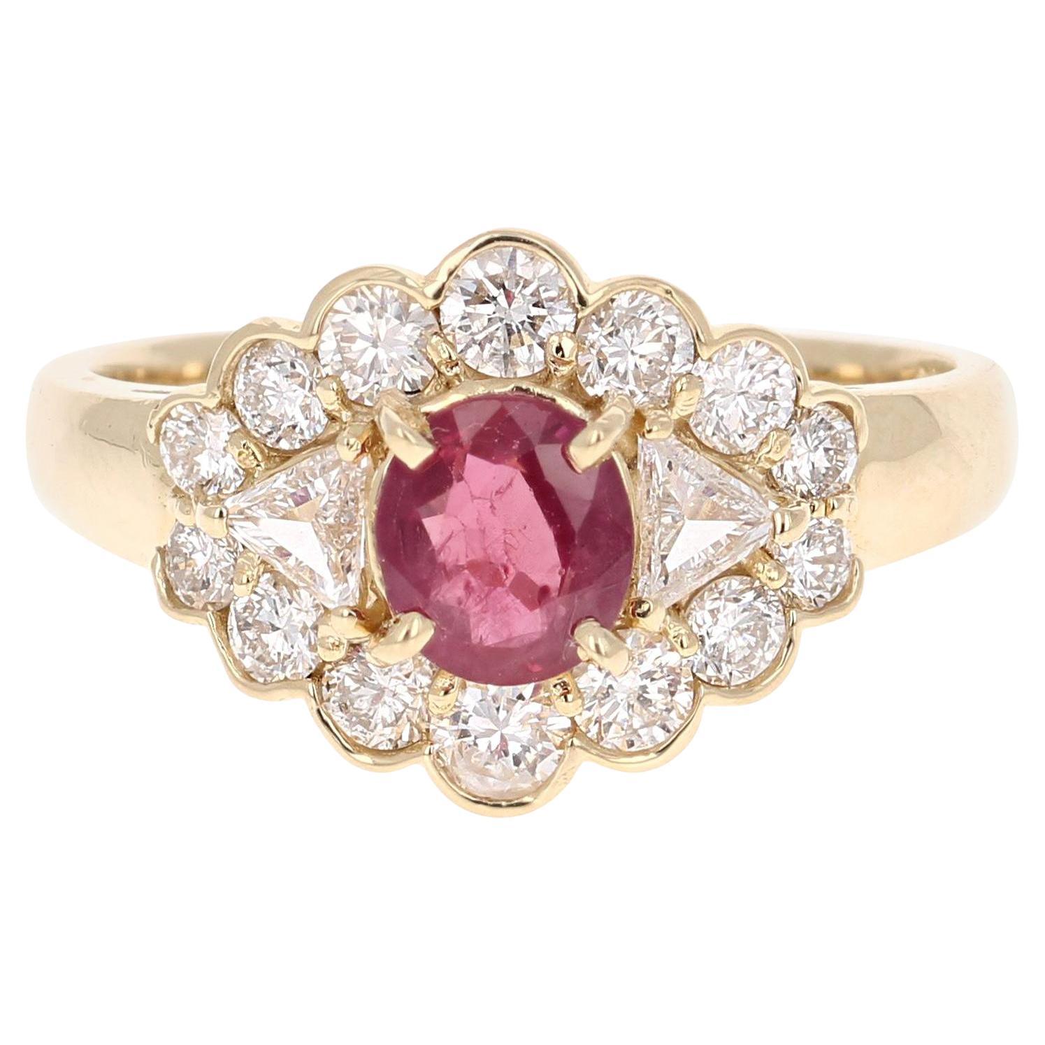 1.75 Carat Oval Cut Burmese Ruby Diamond 14 Karat Yellow Gold Cluster Ring