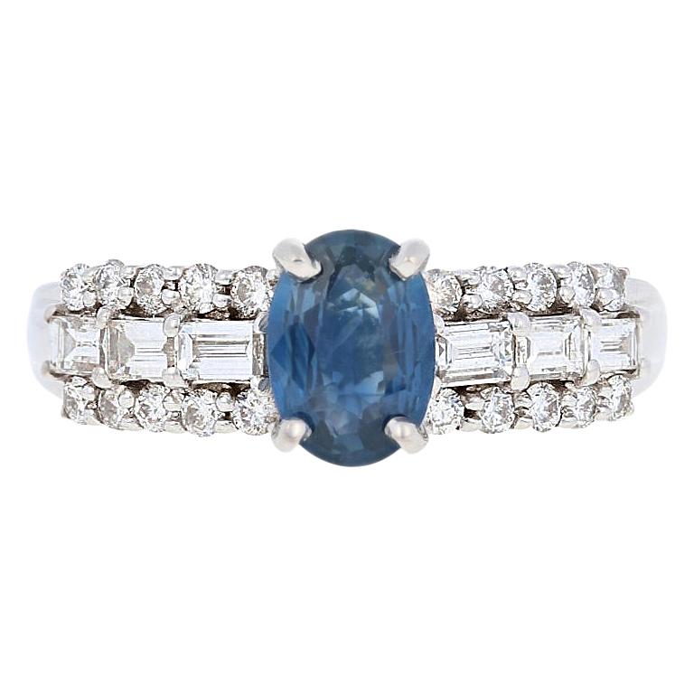 1.75 Carat Oval Cut Sapphire and Diamond Ring, 18 Karat White Gold Engagement