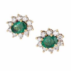 1.75 Carat Oval Emerald Diamond Halo Gold Stud Earrings