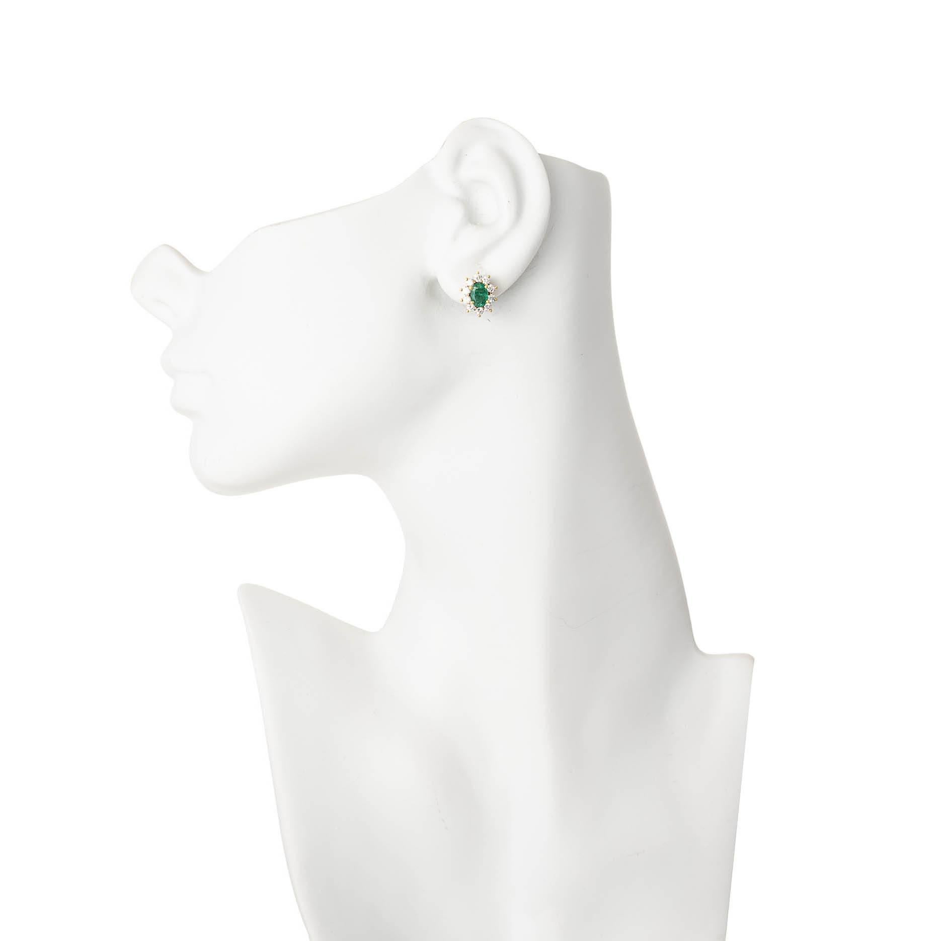 Oval Cut 1.75 Carat Oval Emerald Diamond Halo Gold Stud Earrings