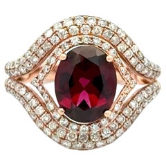 1.75 Carat Oval Garnet and Diamond Double Halo Vintage Gold Ring