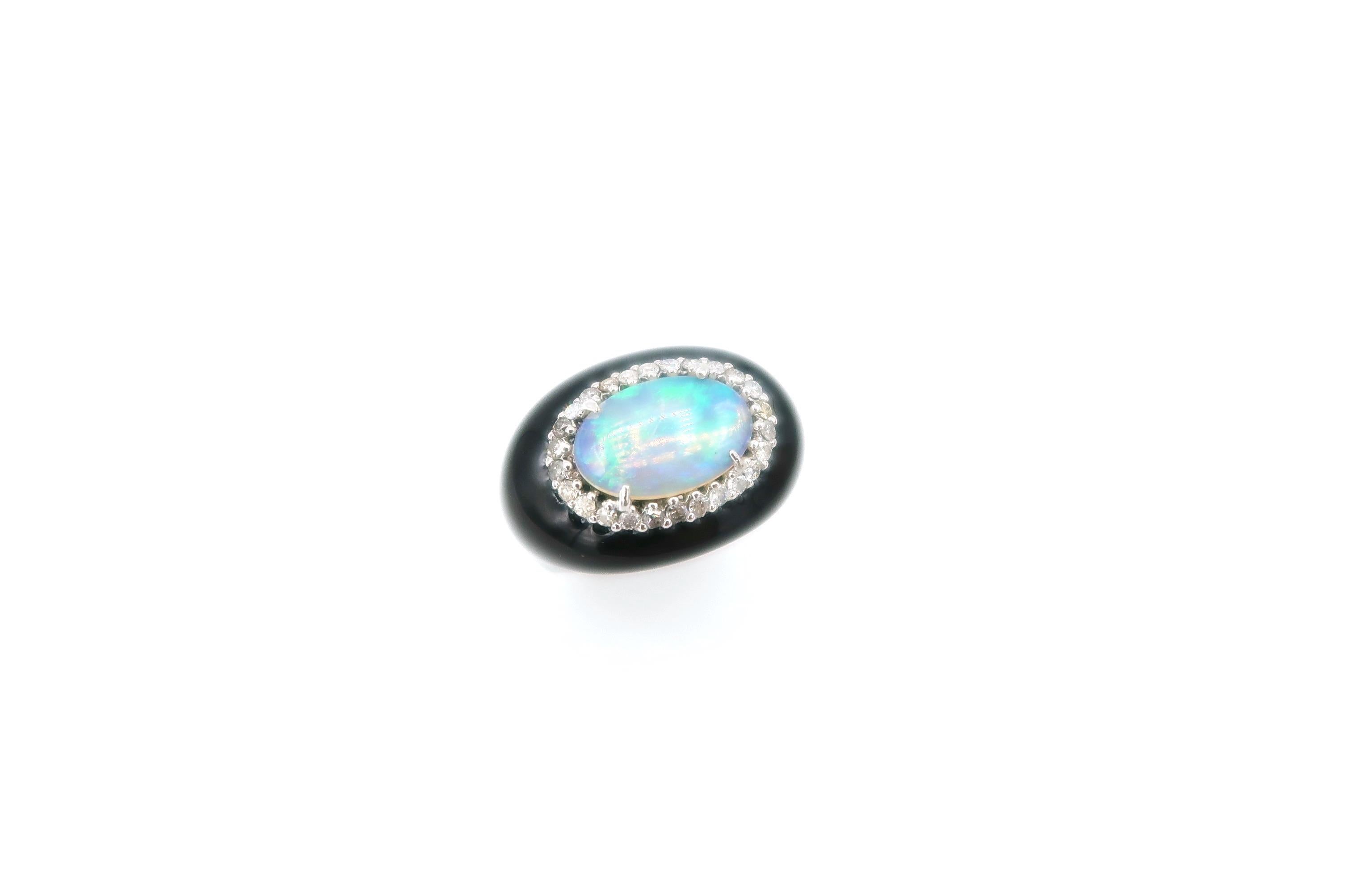Oval Cut 1.75 Carat Oval Opal Surrounded by Diamond Black Enamel Oval Shaped Gold Ring For Sale