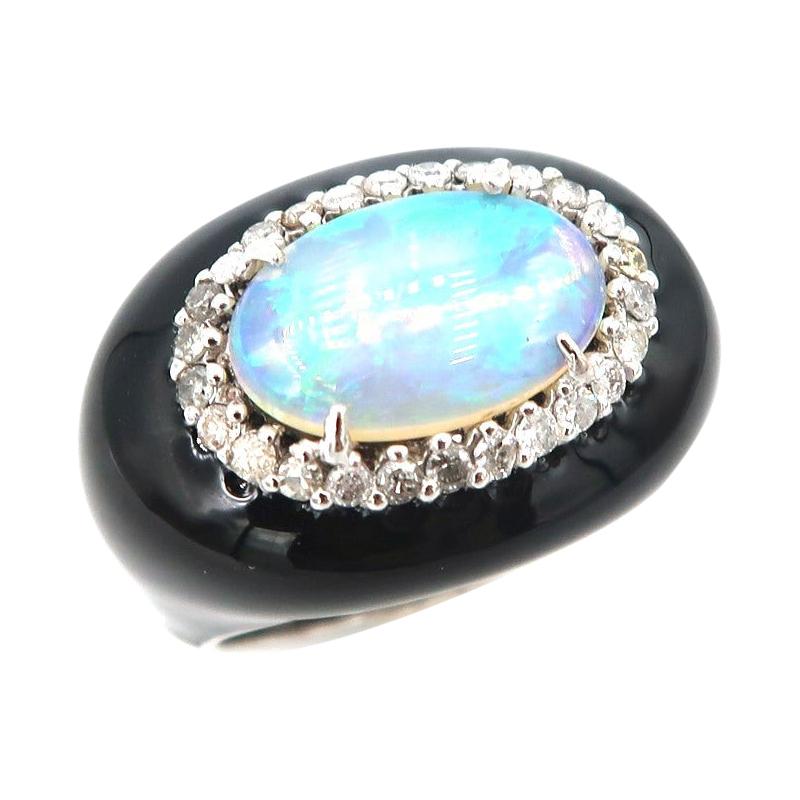 1.75 Carat Oval Opal Surrounded by Diamond Black Enamel Oval Shaped Gold Ring For Sale