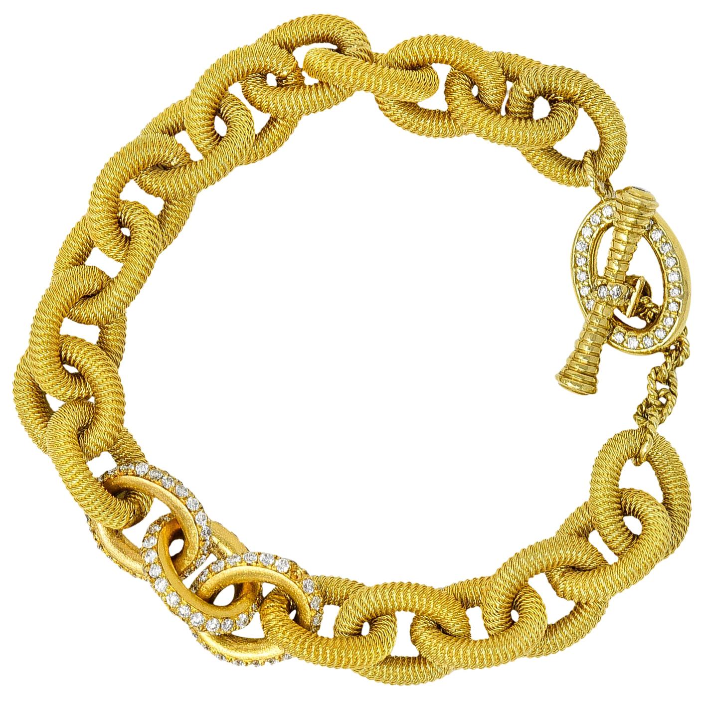 1.75 Carat Pave Diamond 18 Karat Gold Curb Link Toggle Bracelet