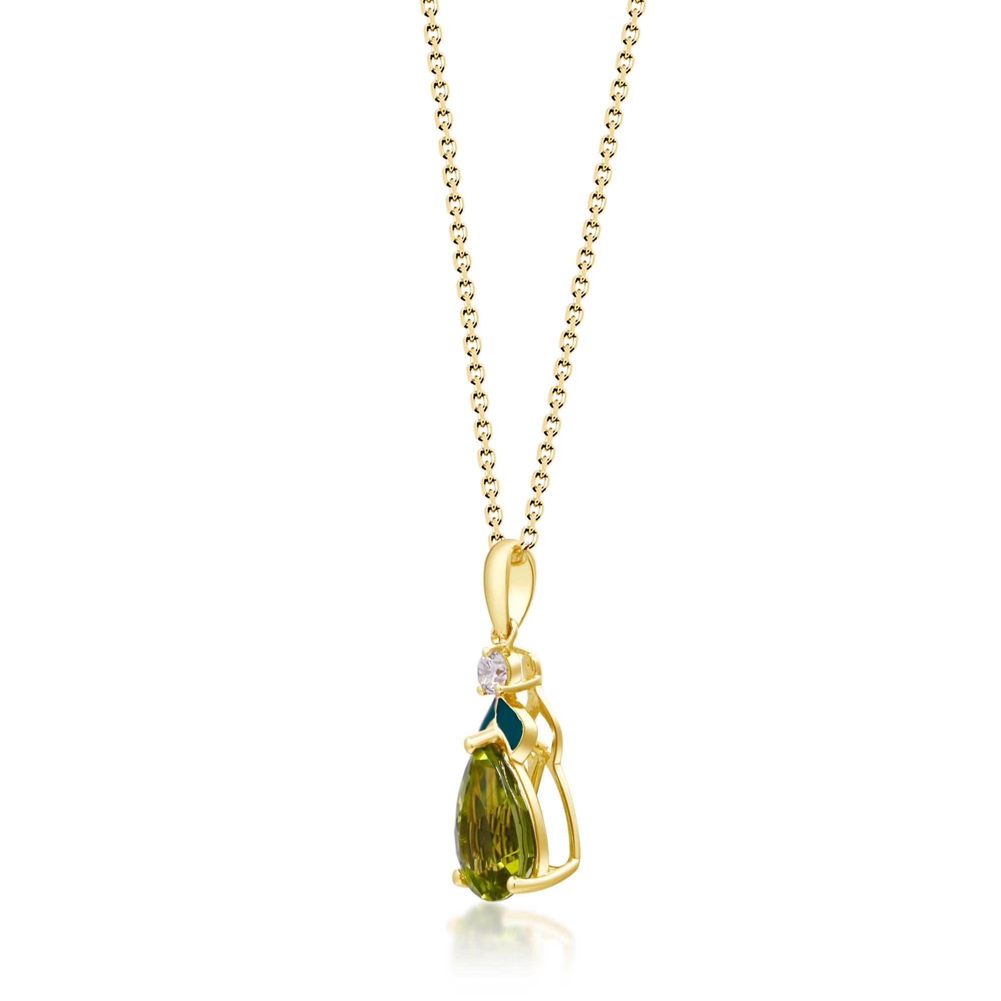 Decorate yourself in elegance with this Pendant is crafted from 10-karat Yellow Gold by Gin & Grace. This Pendant is made up of Pear-Cut Peridot (1 pcs) 1.75 carat and Round-cut White Diamond (1 Pcs) 0.07 Carat. This Pendant is weight 1.95 grams.