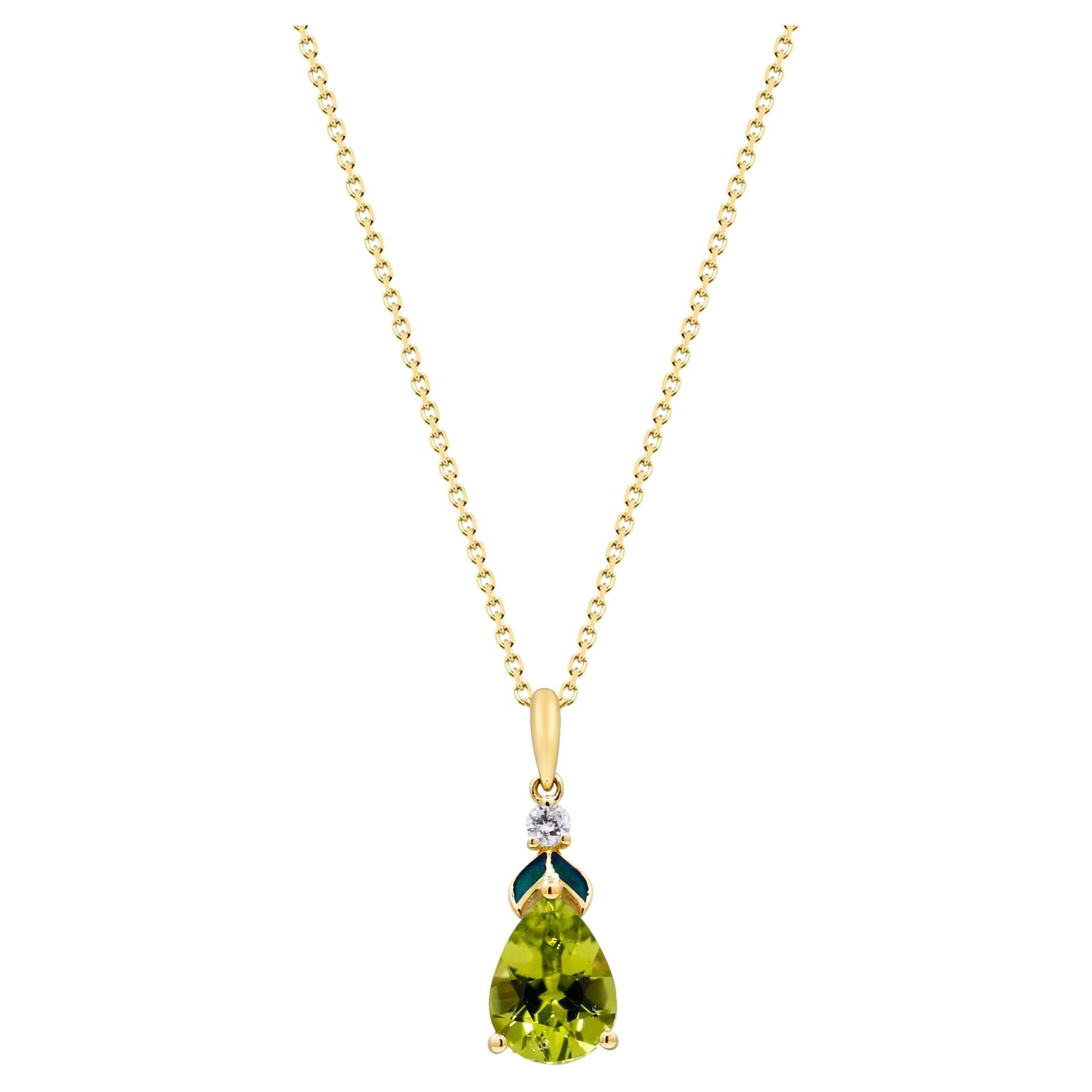 Pendentif en or jaune 10 carats avec péridot taille poire de 1,75 carat et accents de diamants