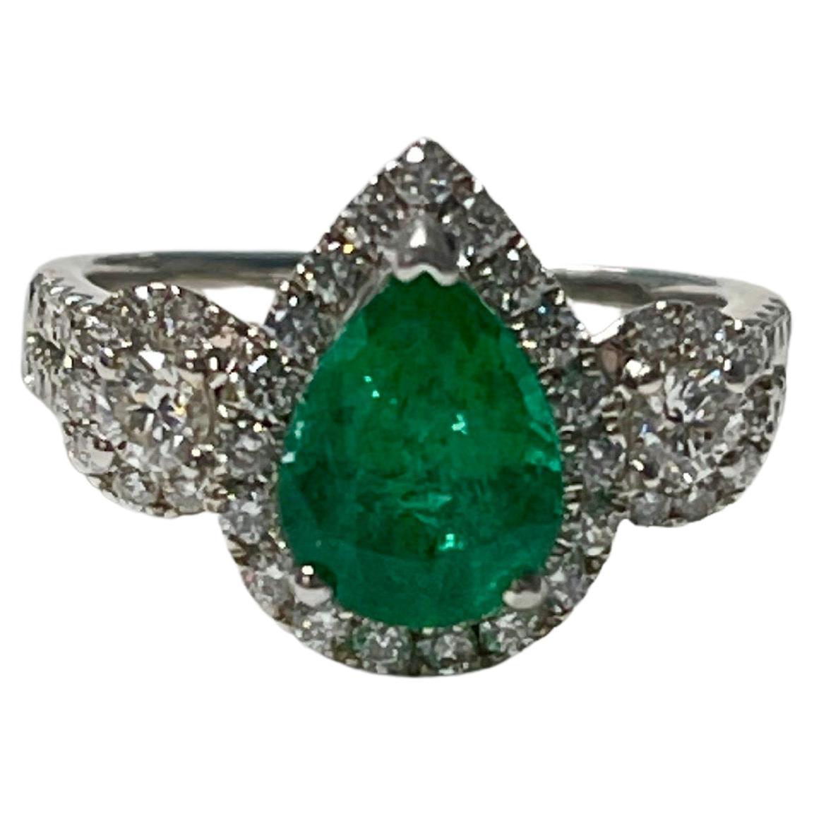 Pear Cut 1.75 Carat Pear Shape Emerald and Diamond Ring in 18K White Gold For Sale