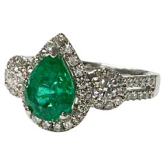 1.75 Carat Pear Shape Emerald and Diamond Ring in 18K White Gold