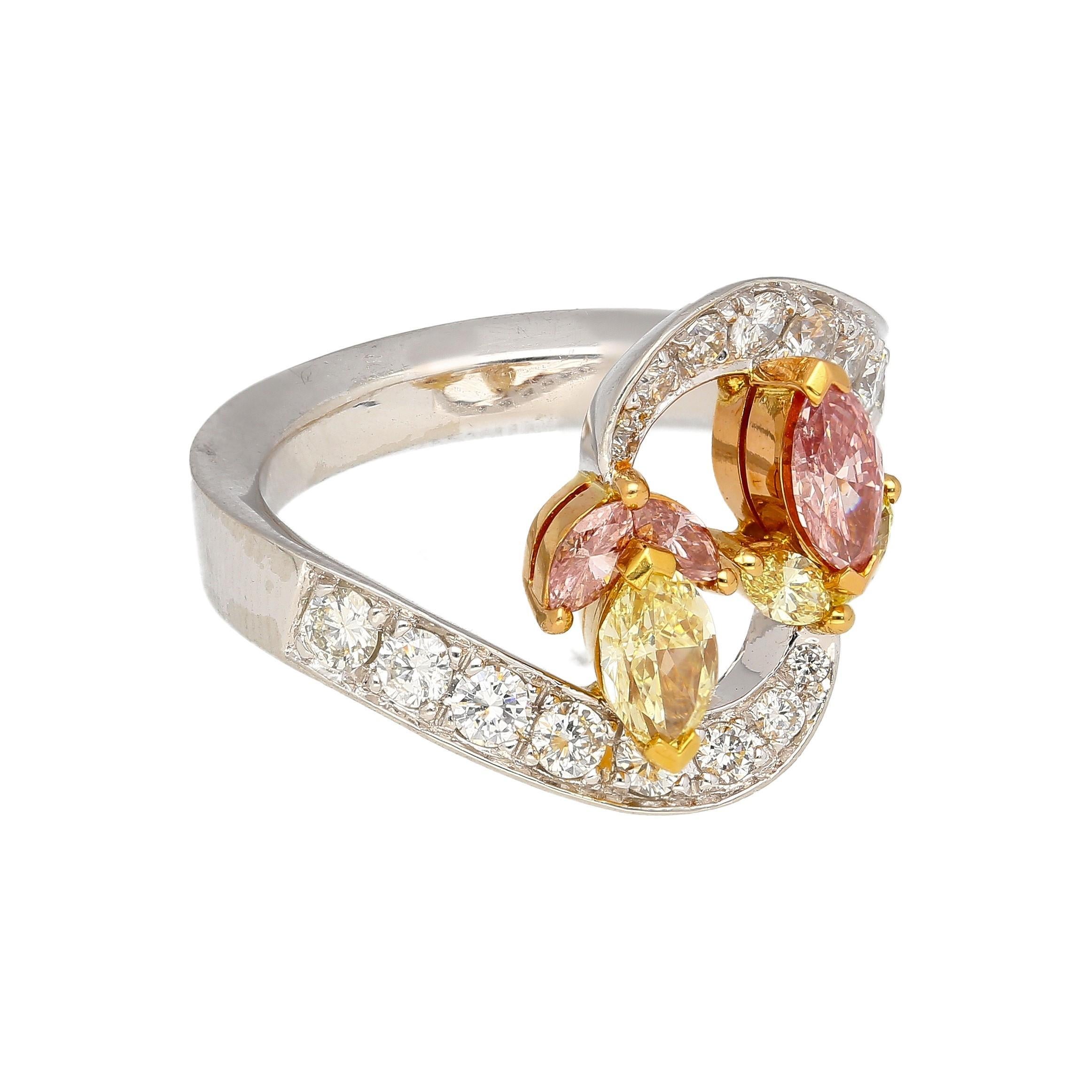Modern 1.75 Carat Pink & Yellow Marquise Diamond Platinum & 18K Gold Bypass Ring For Sale