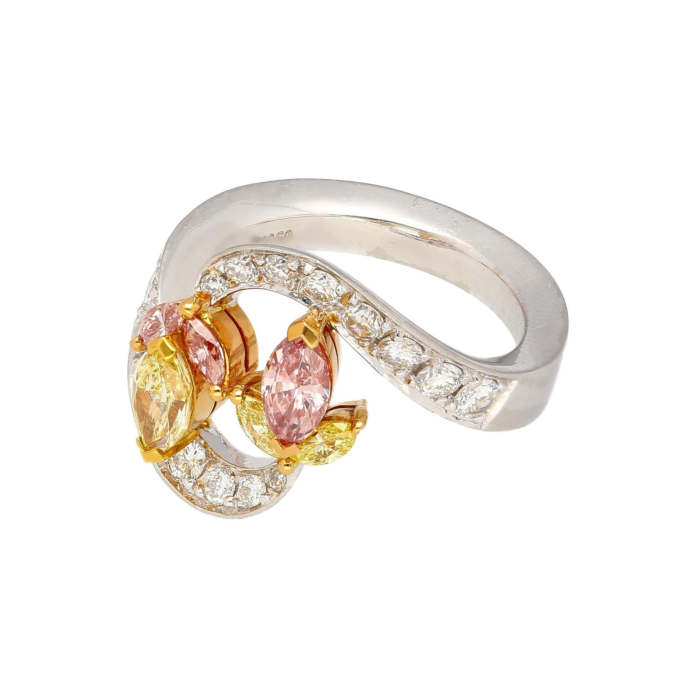 Marquise Cut 1.75 Carat Pink & Yellow Marquise Diamond Platinum & 18K Gold Bypass Ring For Sale