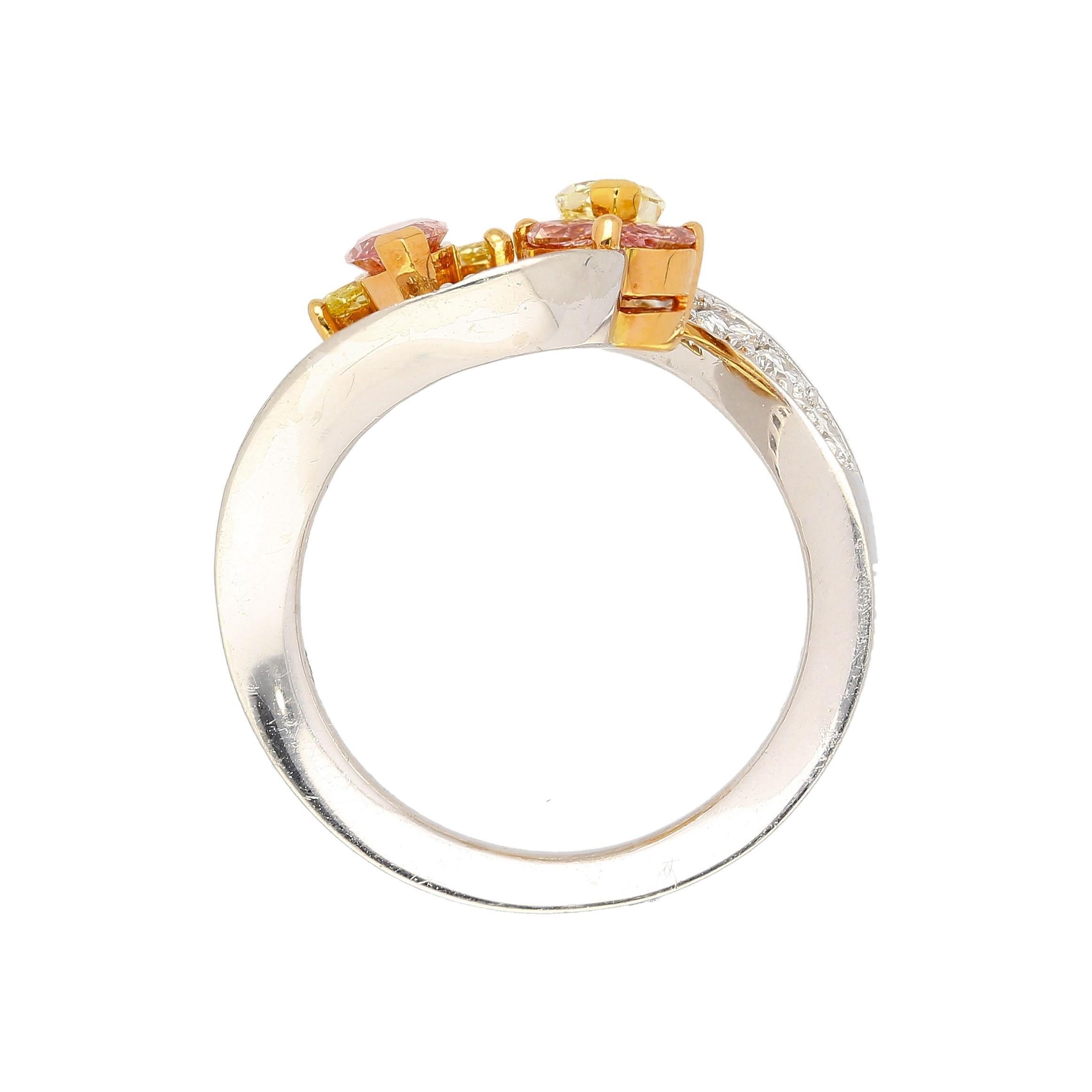 1.75 Carat Pink & Yellow Marquise Diamond Platinum & 18K Gold Bypass Ring In New Condition For Sale In Miami, FL