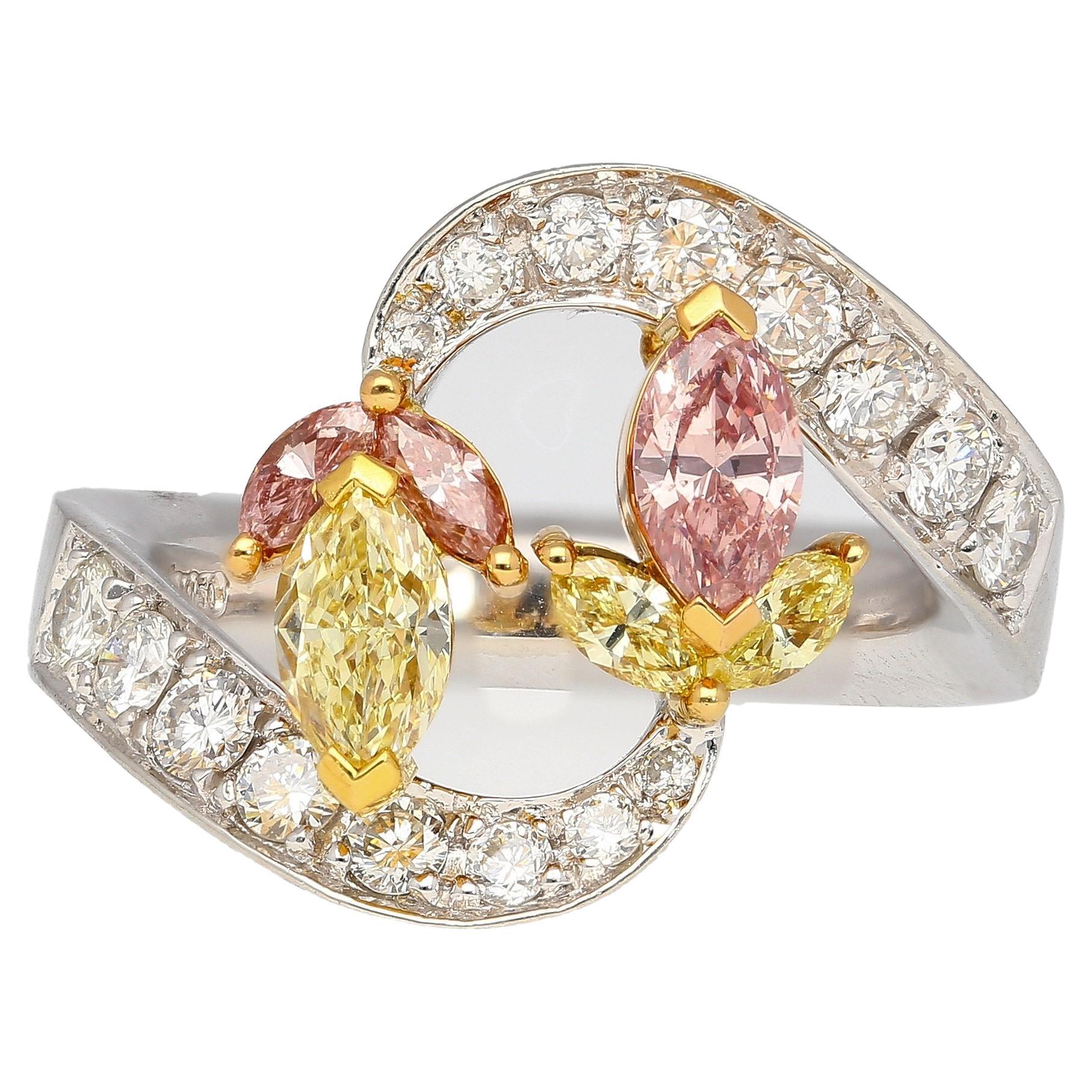 1.75 Carat Pink & Yellow Marquise Diamond Platinum & 18K Gold Bypass Ring