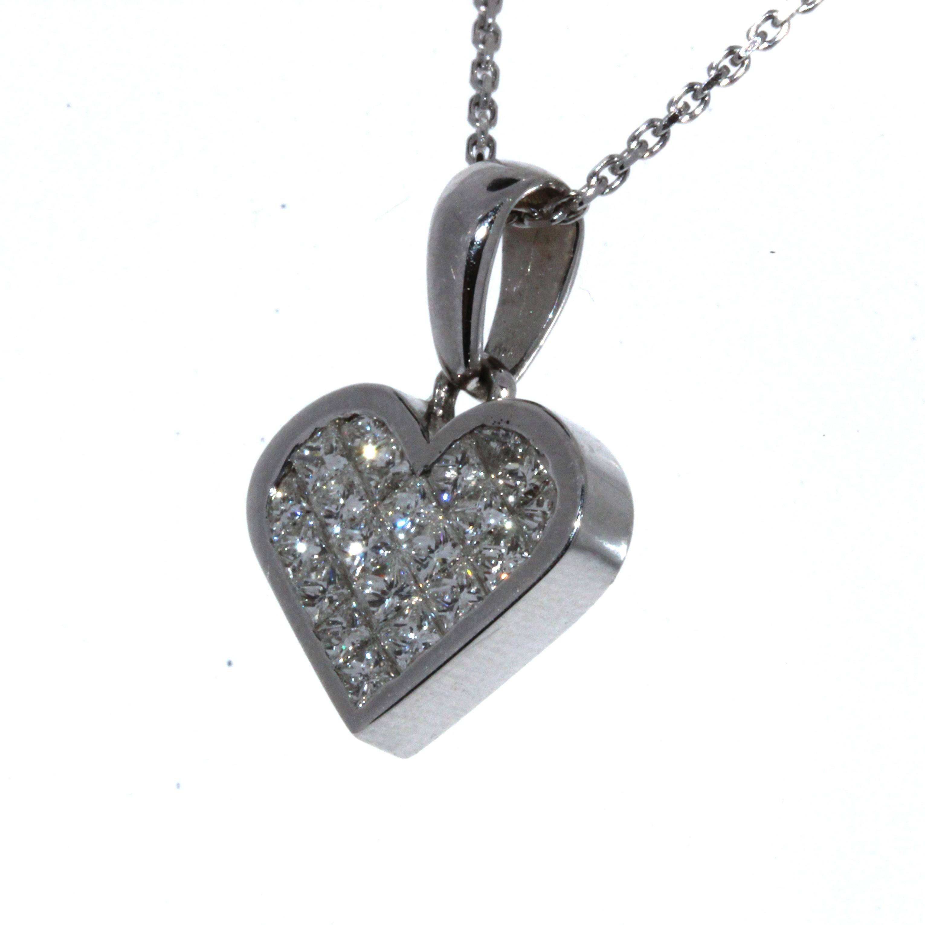 Princess Cut 1.75 Carat Princess White Diamond Heart Shape Pendant in 18 Karat White Gold For Sale