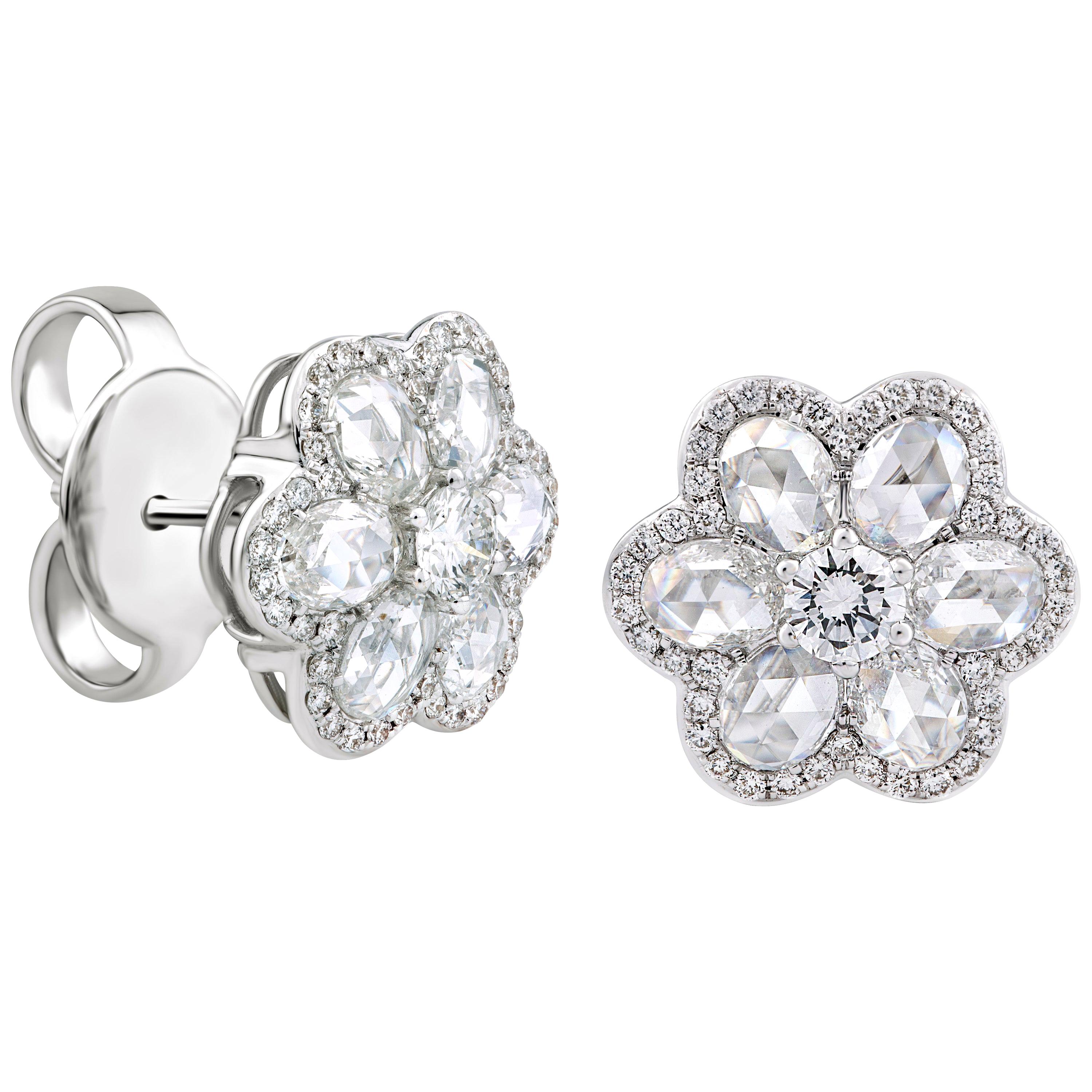 18K White Gold 1.75 Carat Rose Cut Diamond Flower Cluster Ear Studs For Sale