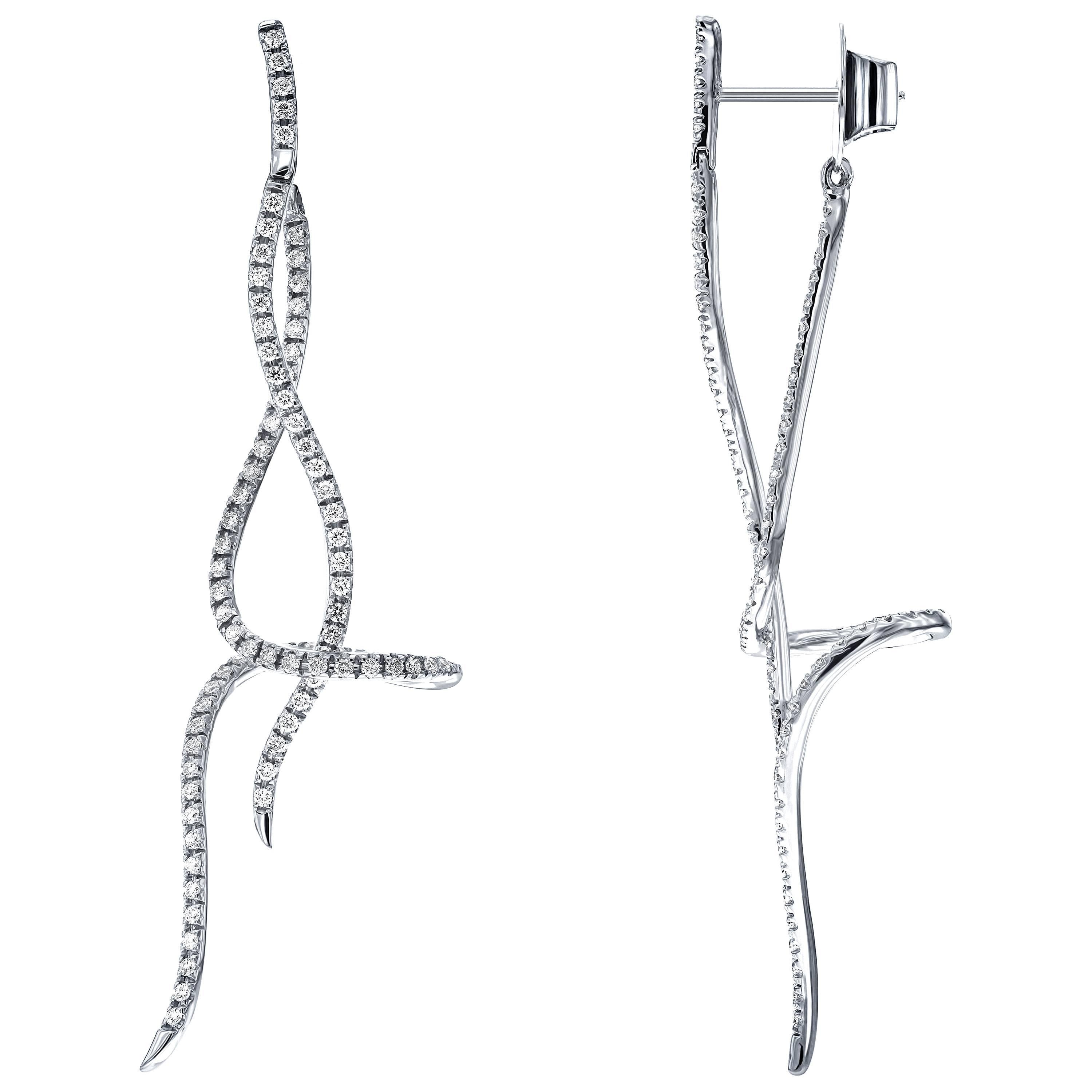 Boucles d'oreilles modernes en goutte en or blanc 18 carats avec diamants taille ronde brillants de 1,75 carat