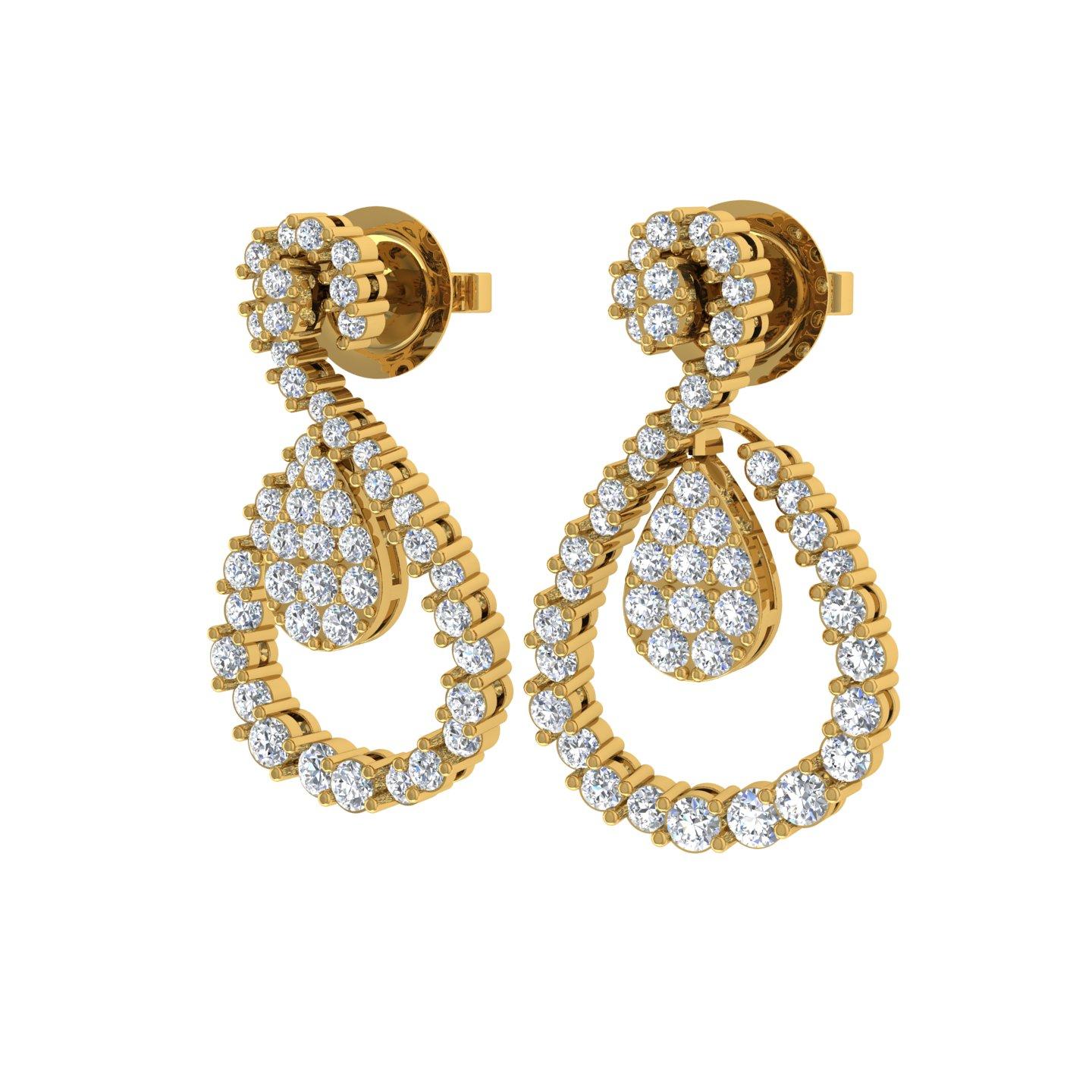 Round Cut 1.75 Carat Round Diamond Dangle Earrings 14 Karat Yellow Gold Handmade Jewelry For Sale