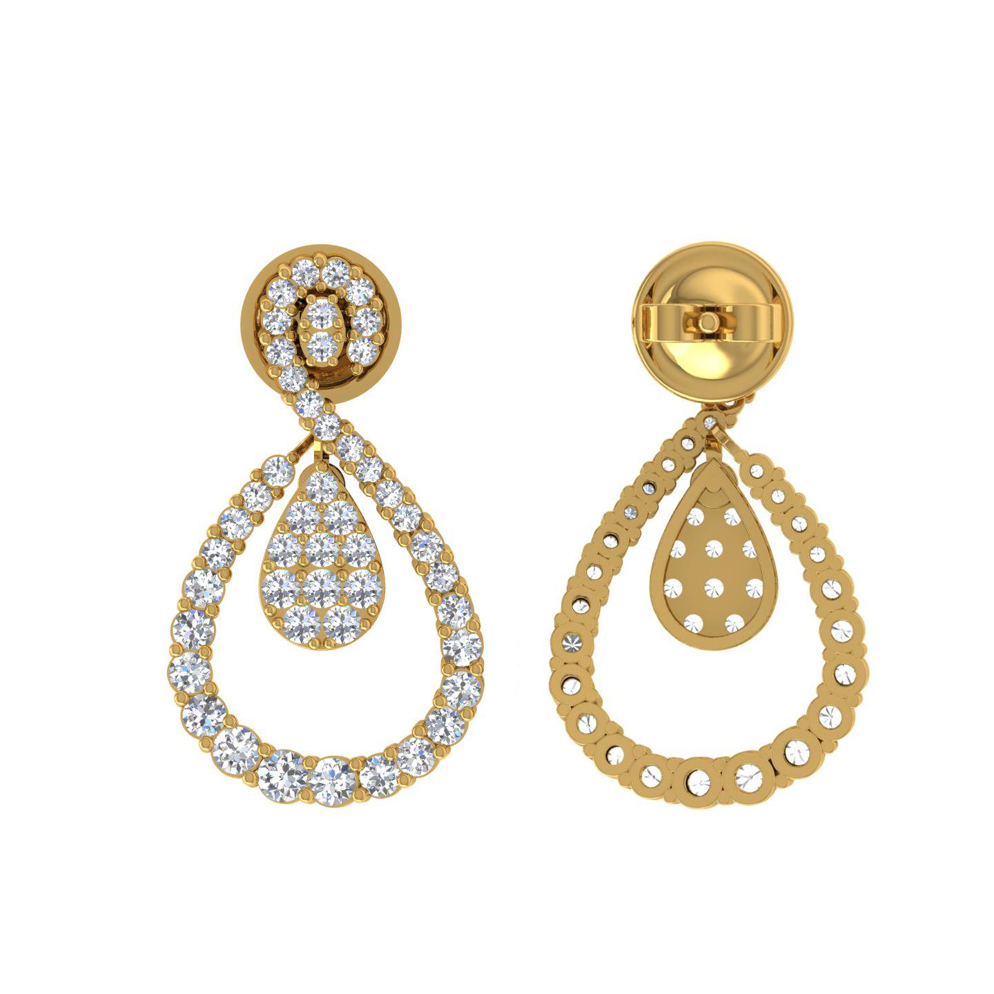 Women's 1.75 Carat Round Diamond Dangle Earrings 14 Karat Yellow Gold Handmade Jewelry For Sale