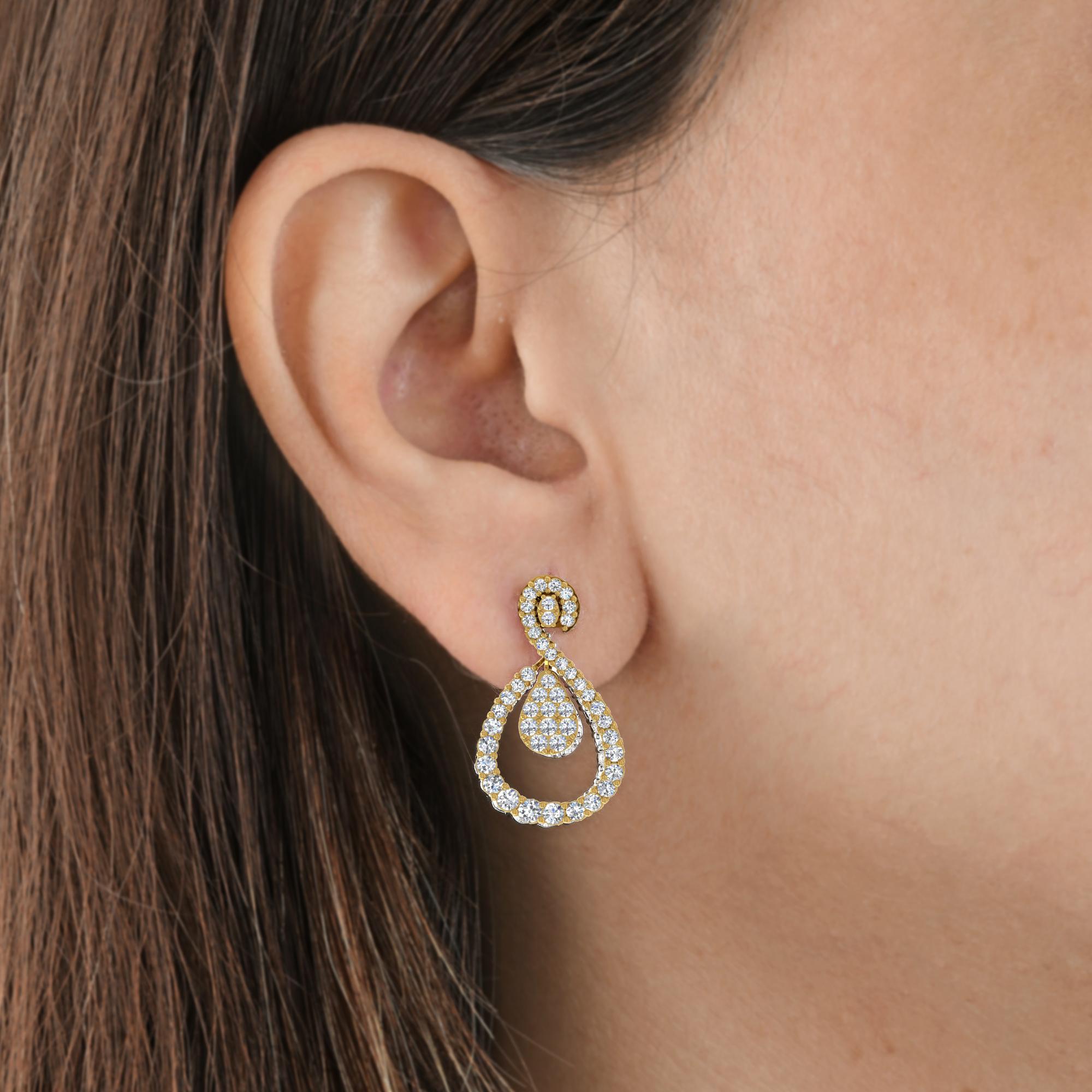 1.75 Carat Round Diamond Dangle Earrings 14 Karat Yellow Gold Handmade Jewelry For Sale 1