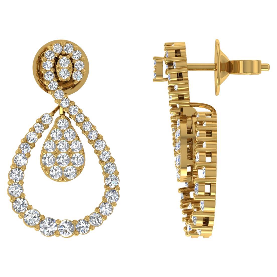 1.75 Carat Round Diamond Dangle Earrings 18 Karat Yellow Gold Handmade Jewelry For Sale