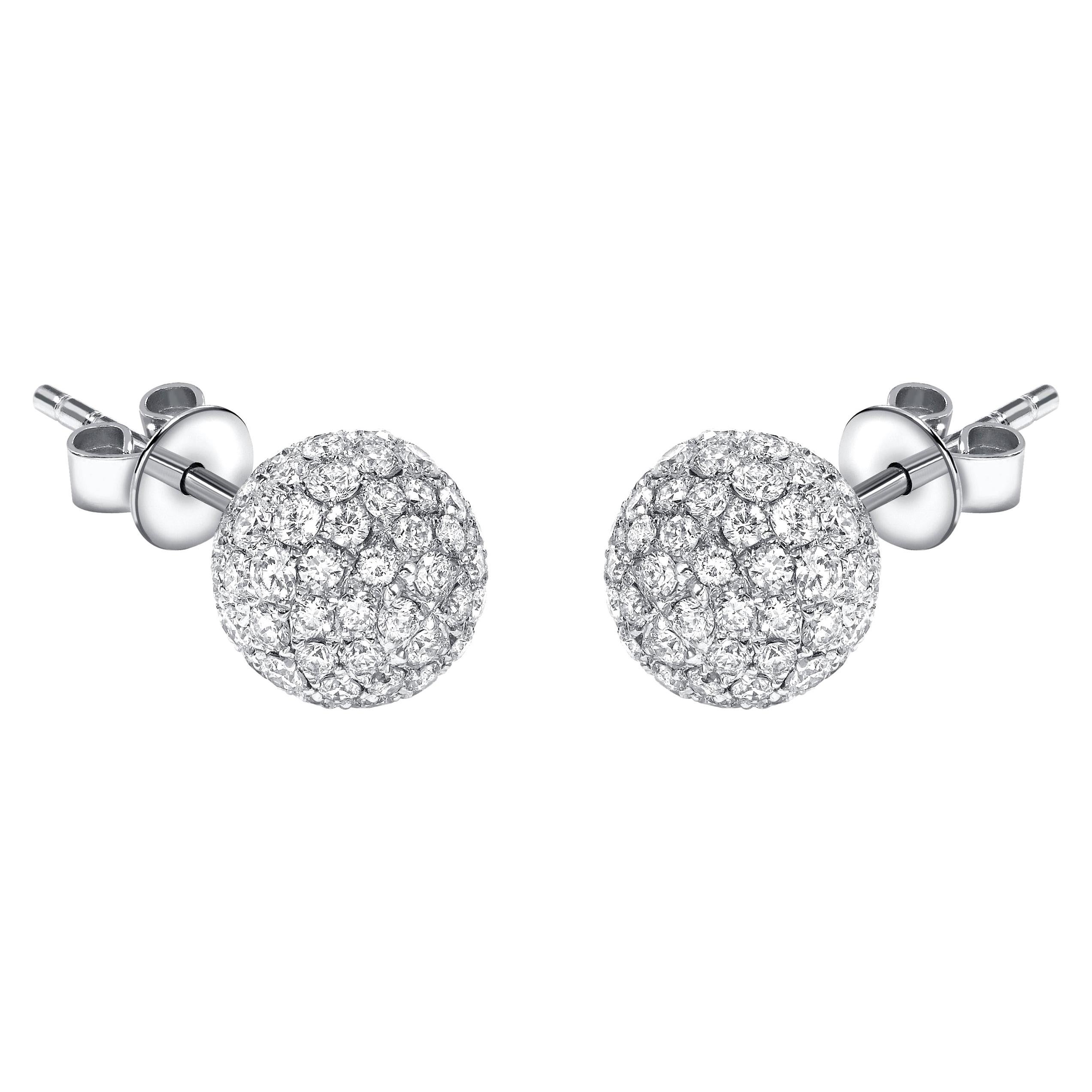 1.75 Carat Round Pavé Set Diamond 18 Karat White Gold Ball Stud Earrings